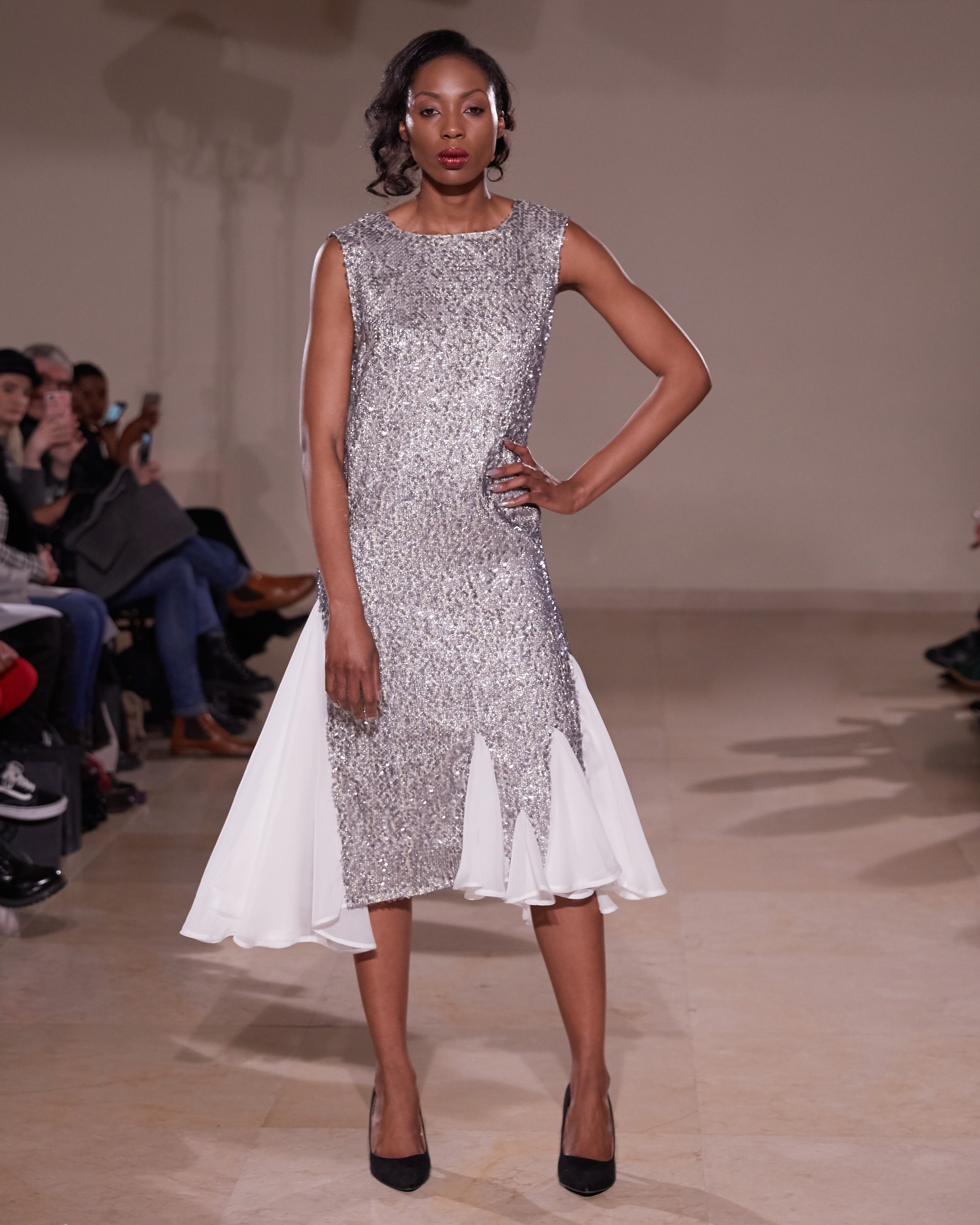 EMBELLISHED SEQUIN ASYMMETRICAL GODET DRESS