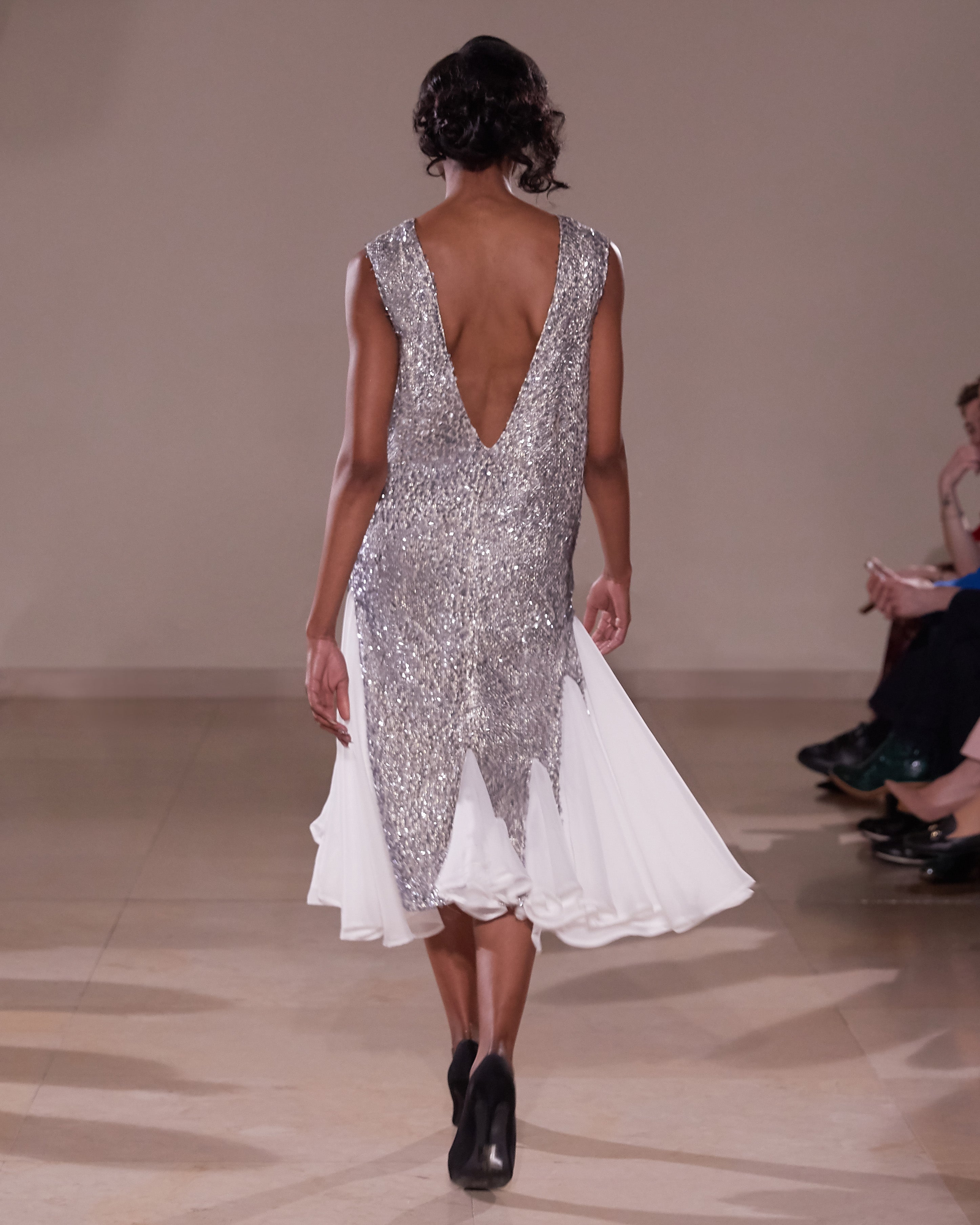 EMBELLISHED SEQUIN ASYMMETRICAL GODET DRESS