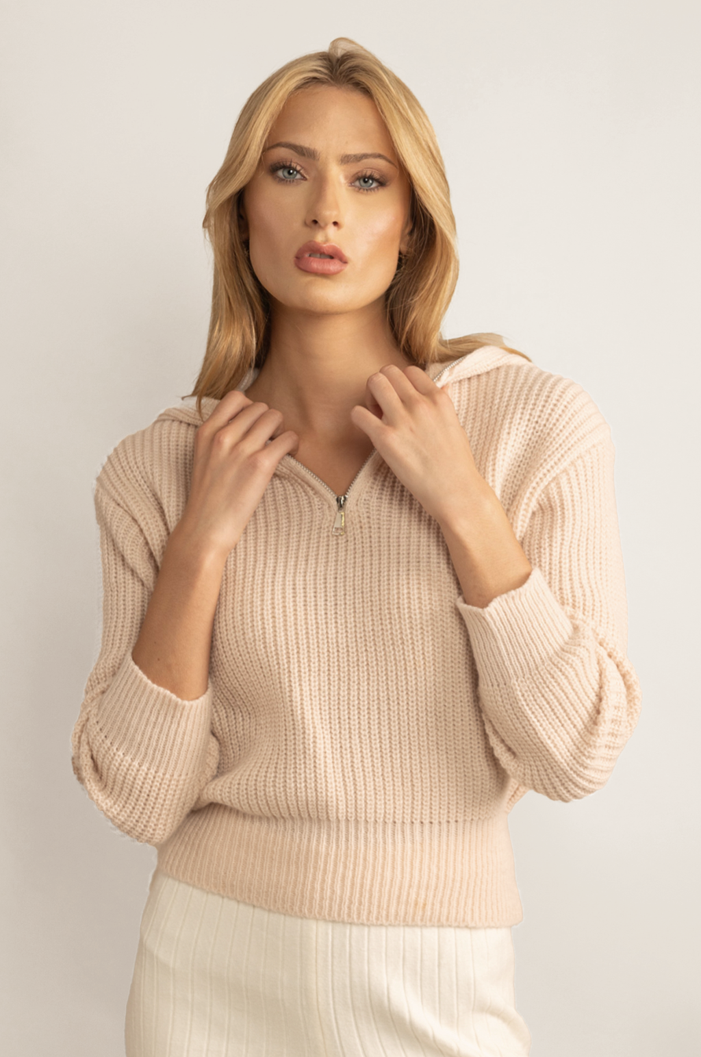 HALF ZIP HIGH NECK WOOL BLEND SWEATER