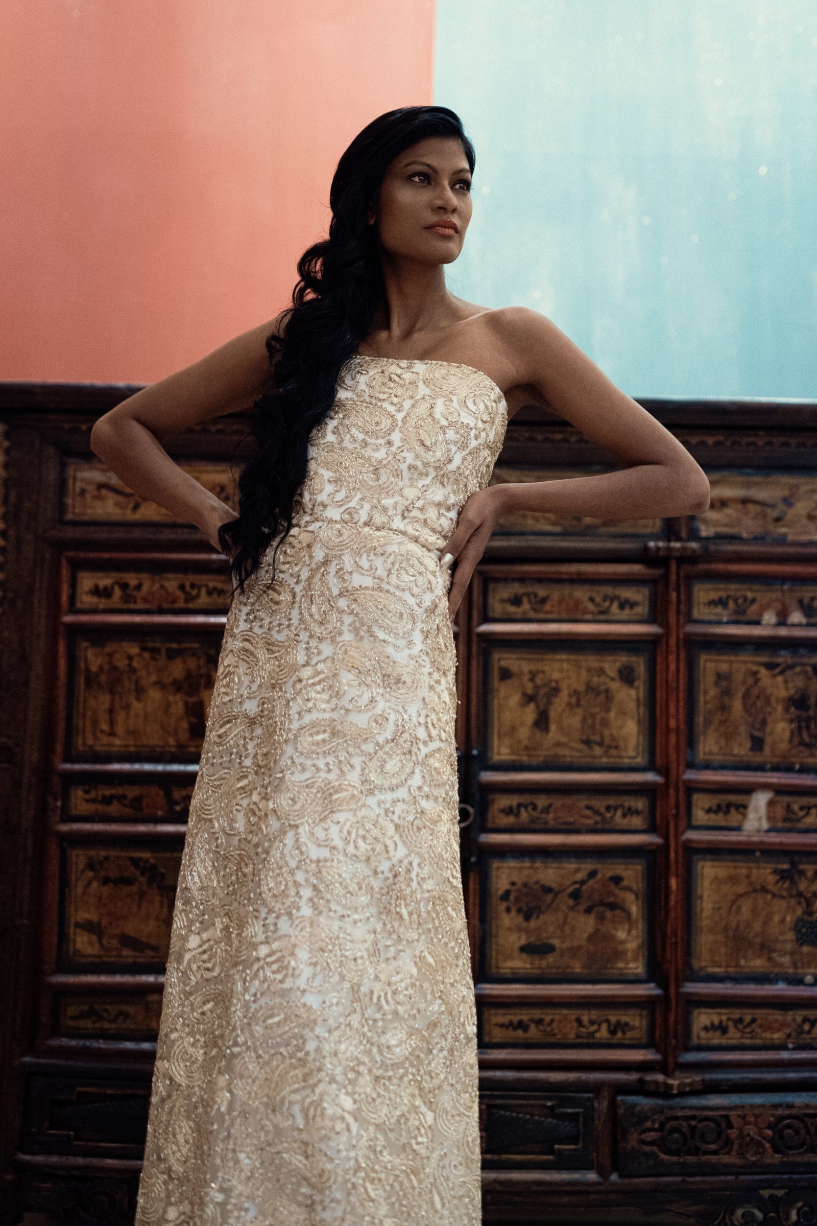 EMBELLISHED LACE GOLD DRESS