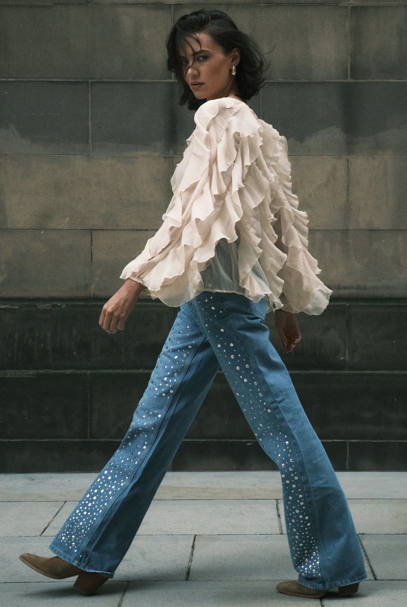 Cream Ruffled Chiffon Blouse