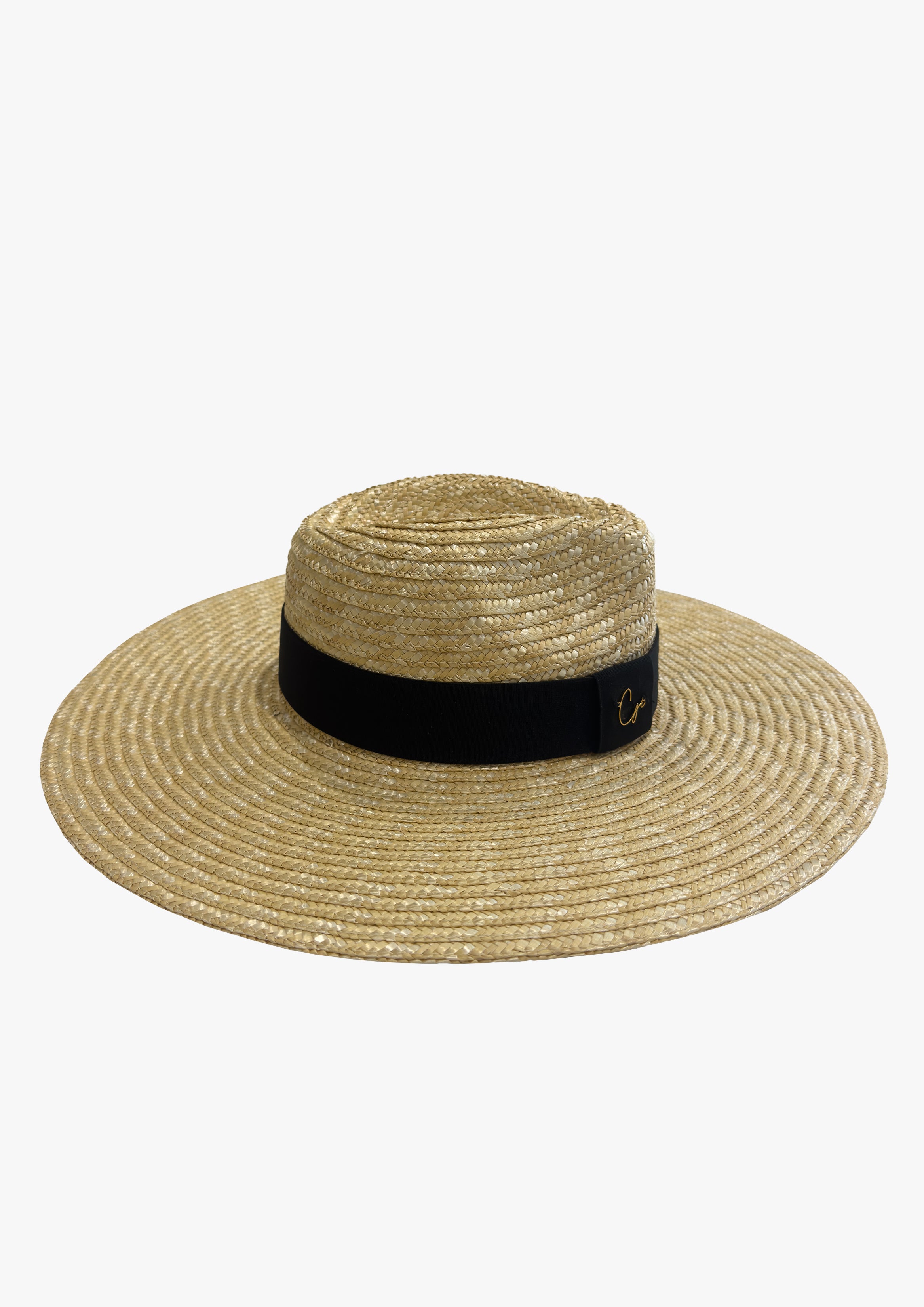Logo Embellished Wide Brim Natural Straw Fedora Hat