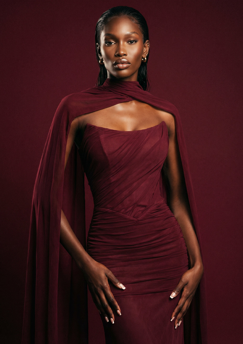 Burgundy Draped Evening Gown & Neck Scarf – Chanel Joan Elkayam