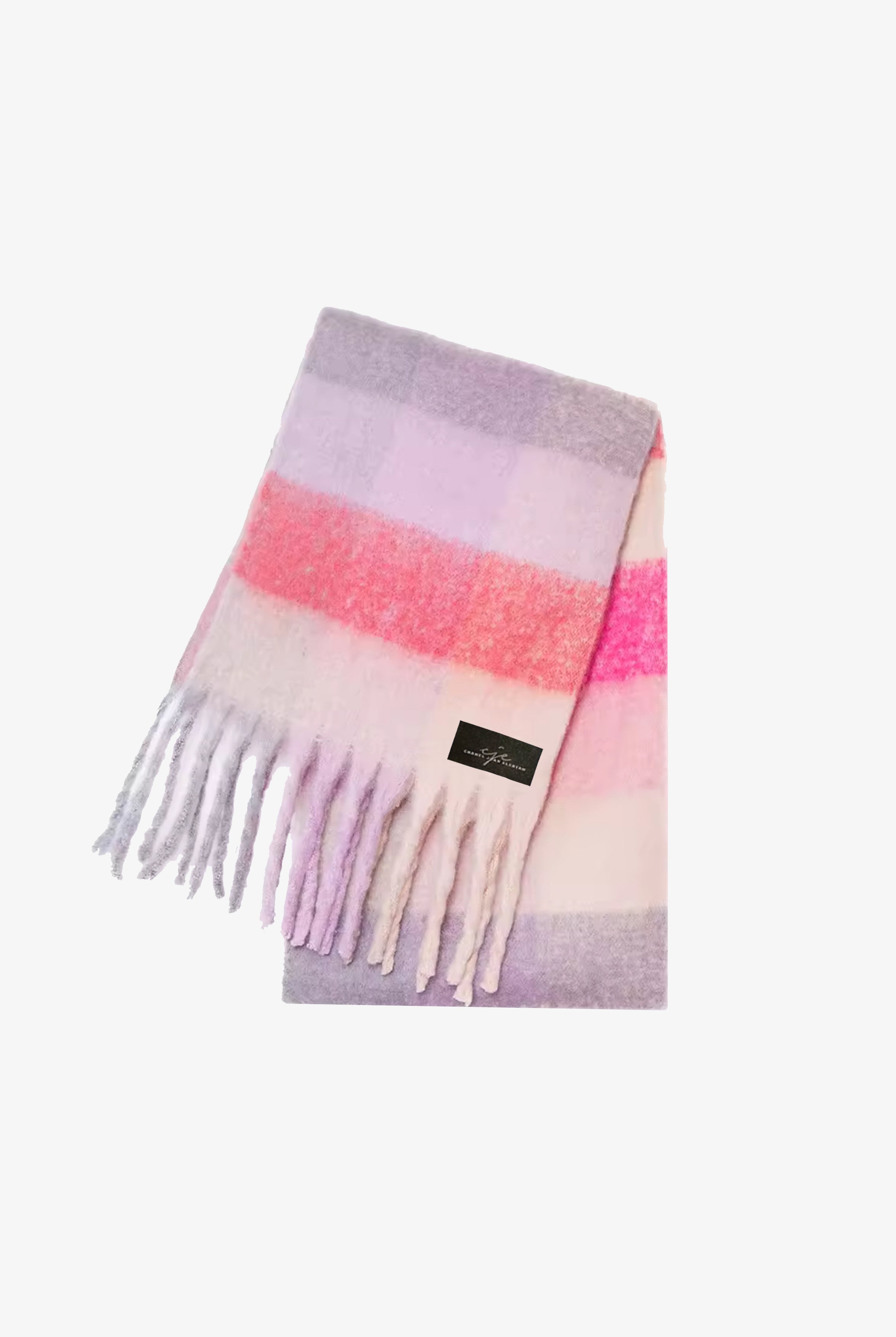 Pink Checkered Large Fringed Cashmere-Blend Winter Scarf