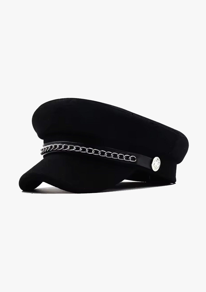 Chain Trim Detailed Black Wool Blend Baker Boy Hat