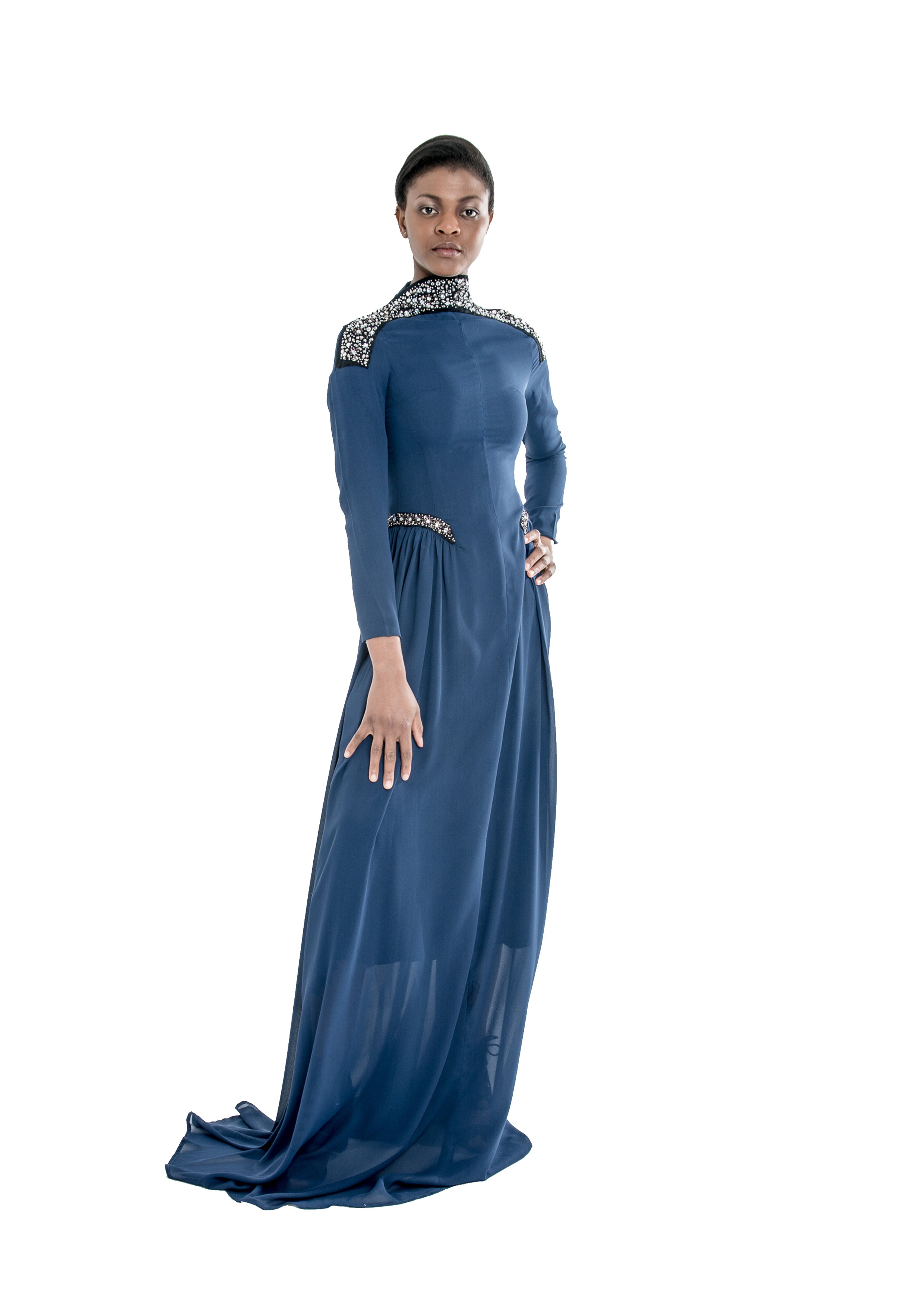 CRYSTAL SHOULDER/HIP HAND EMBELLISHED DRESS