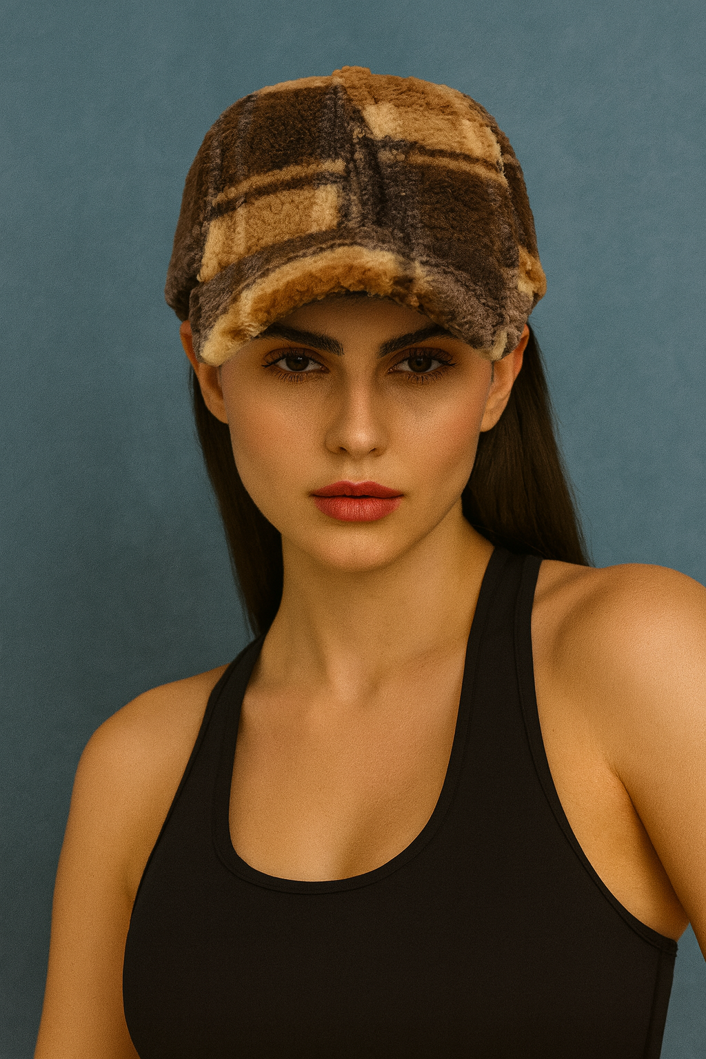 Brown Tartan Boucle Textured Cap