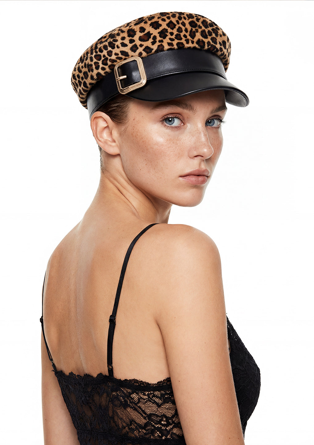 Leopard Print Buckled Baker Boy Hat
