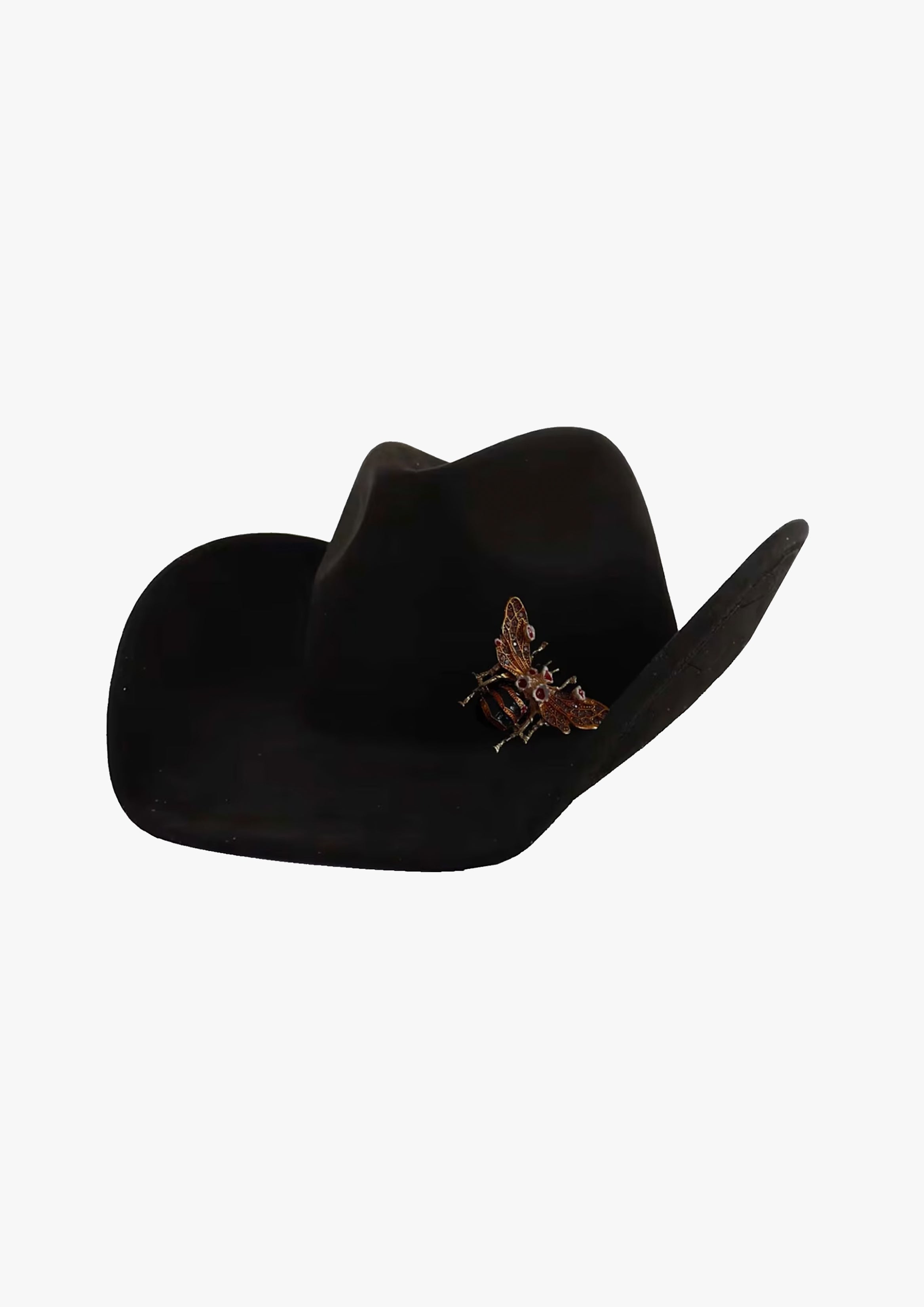 Black Faux Suede Cowboy Hat With Large Bee Brooch