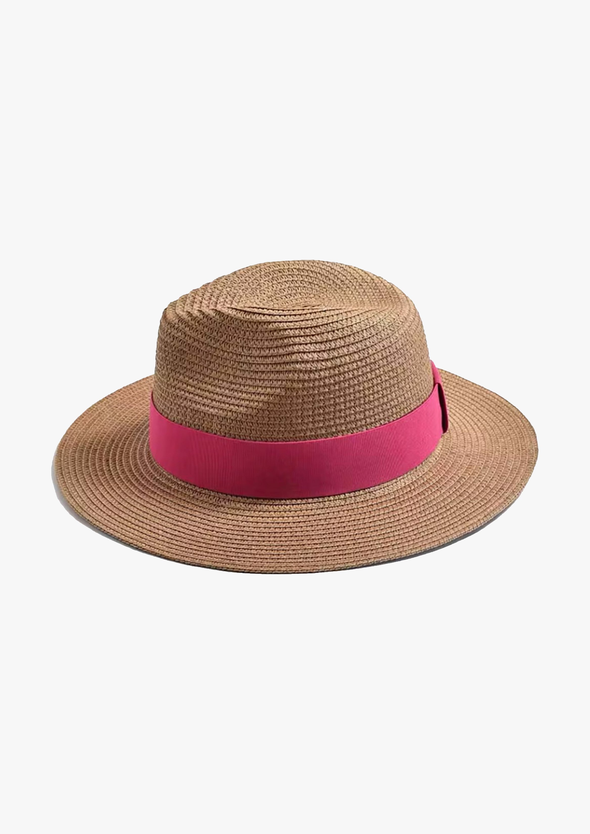 Pink Trim Wide Brim Straw Fedora Hat