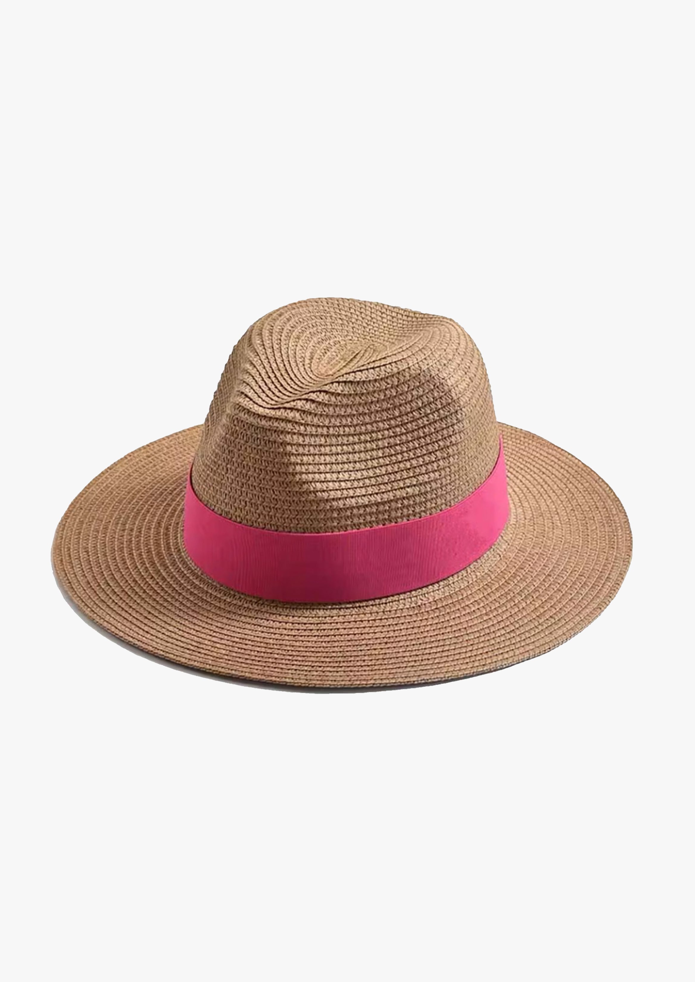 Pink Trim Wide Brim Straw Fedora Hat