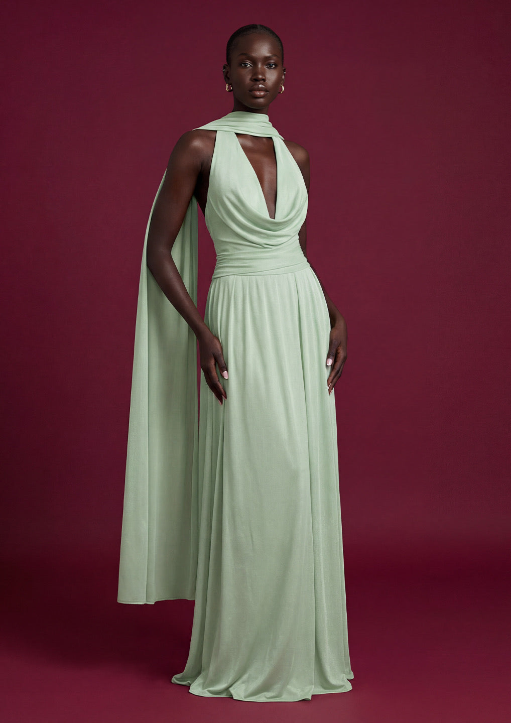 Sage Green Open Back Stretch Mesh Dress & Neck Scarf