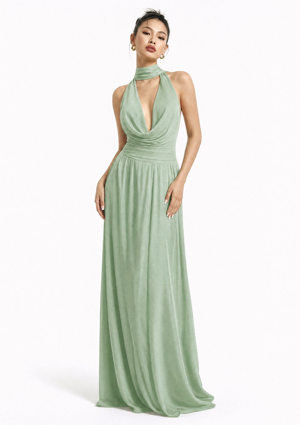 Sage Green Open Back Stretch Mesh Dress & Neck Scarf