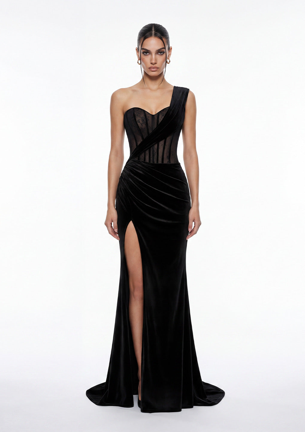 Noir Étoile One-Shoulder Velvet Corset Gown