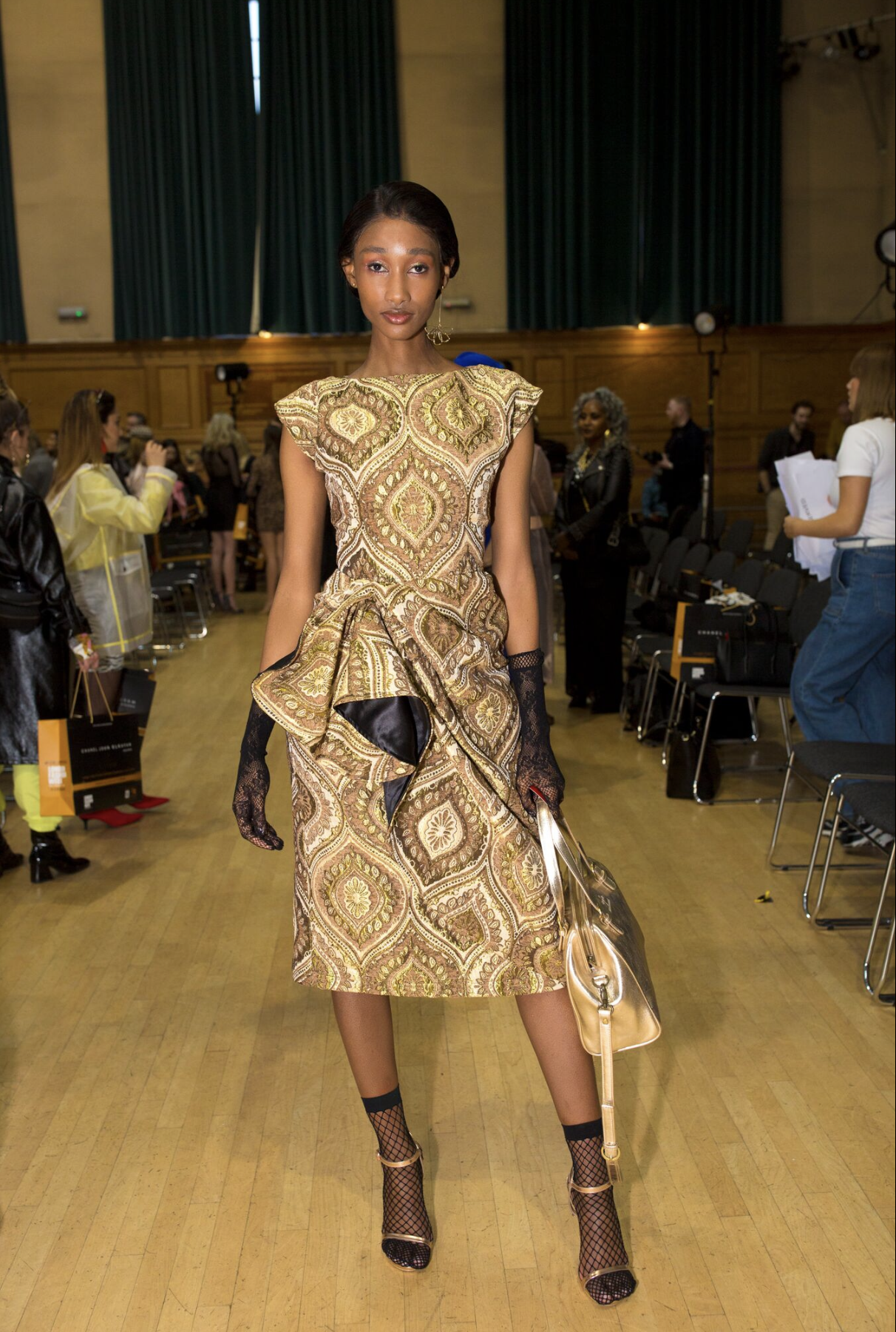 GOLD TAPESTRY RUCHED DRESS