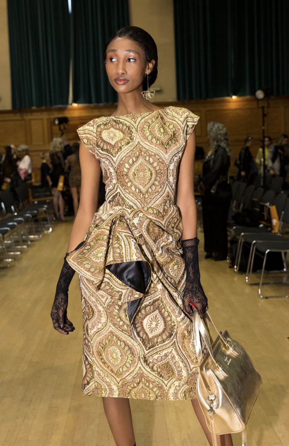 GOLD TAPESTRY RUCHED DRESS