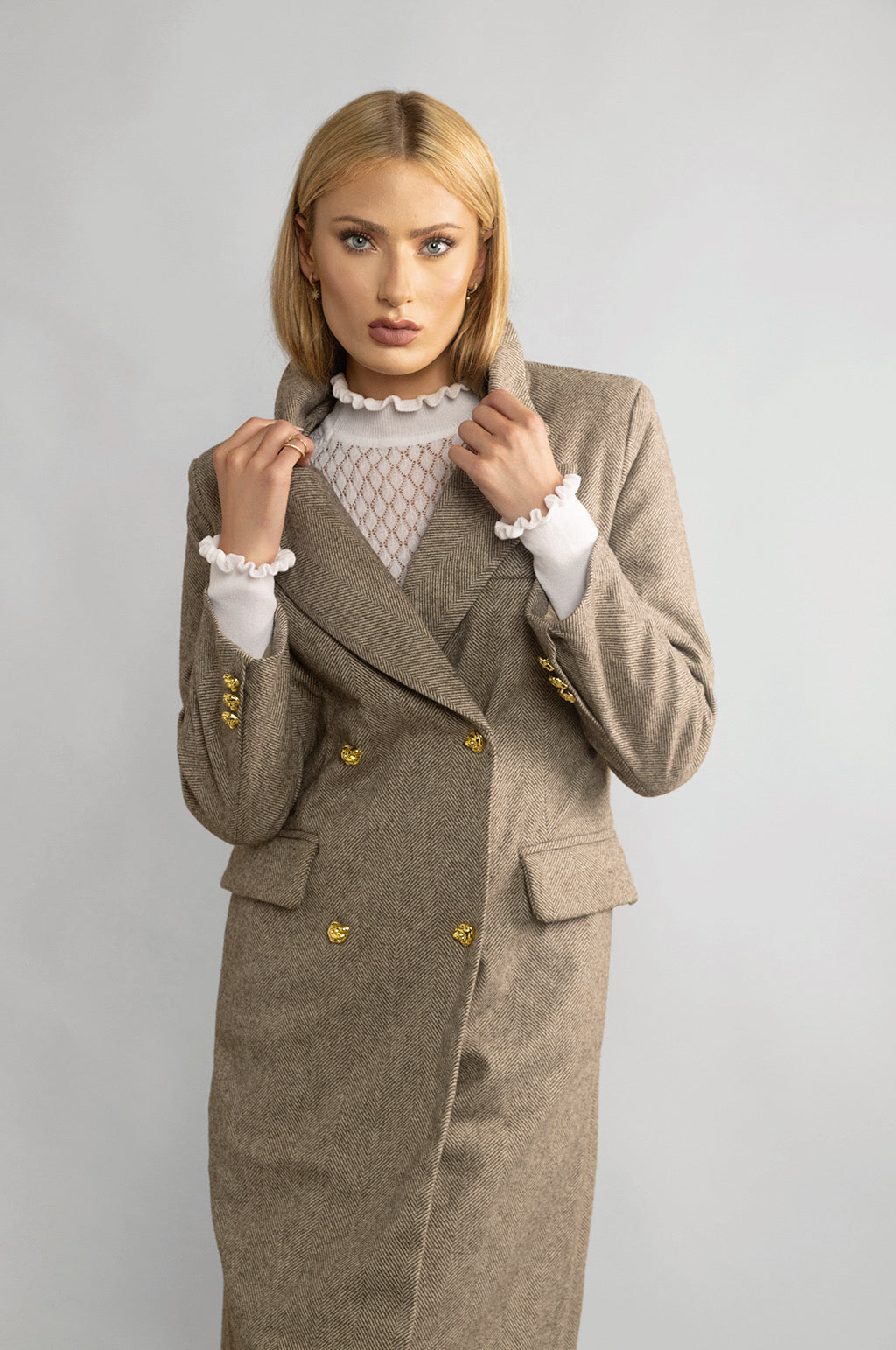 HERRINGBONE DOUBLE BREASTED CASHMERE-WOOL BLEND COAT