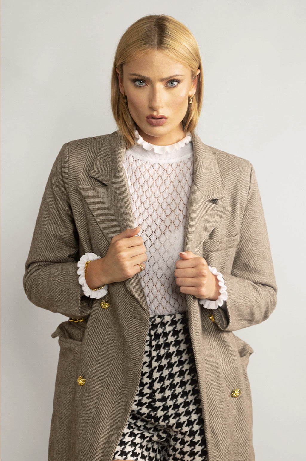 HERRINGBONE DOUBLE BREASTED CASHMERE-WOOL BLEND COAT