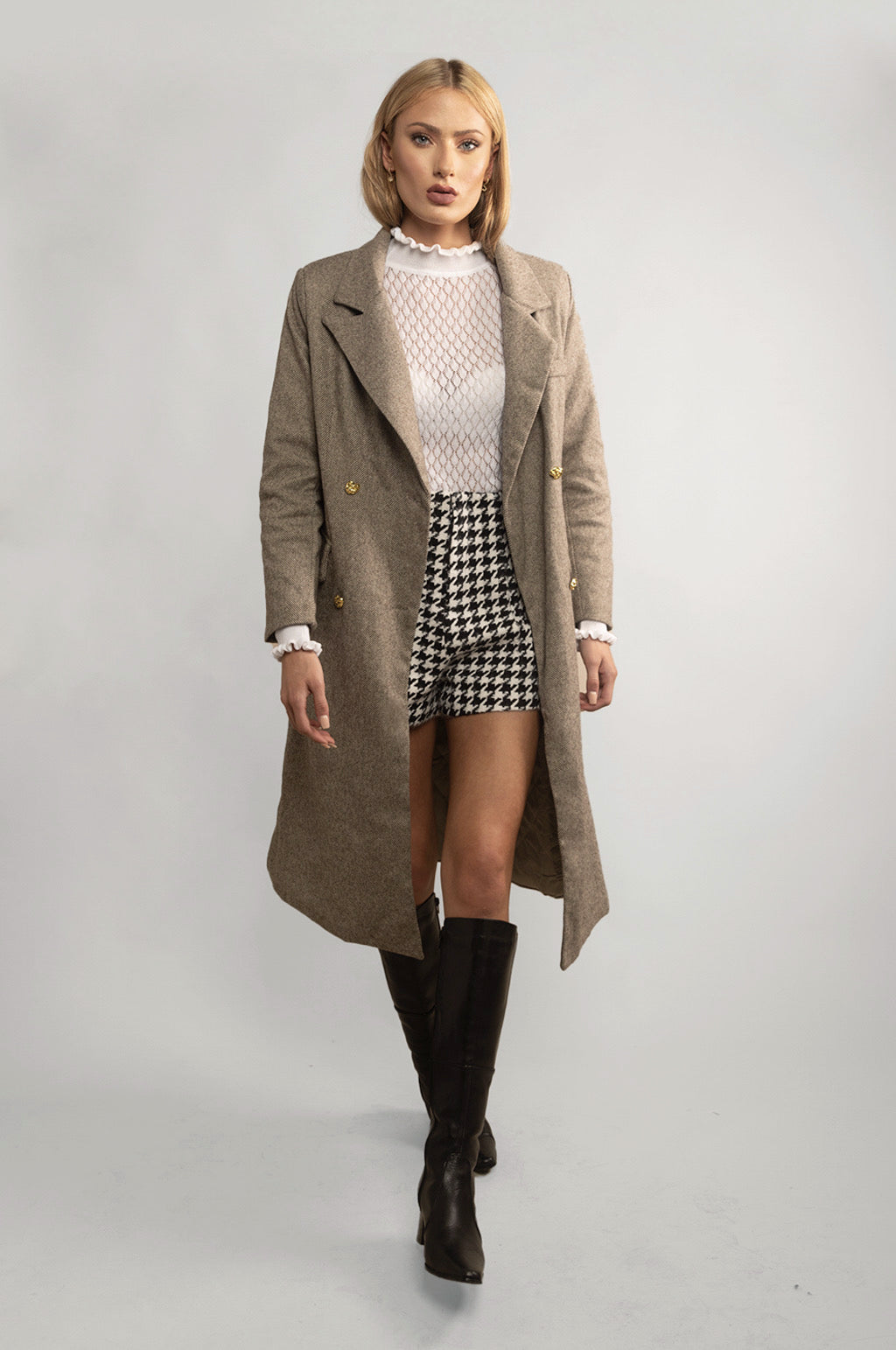 HERRINGBONE DOUBLE BREASTED CASHMERE-WOOL BLEND COAT