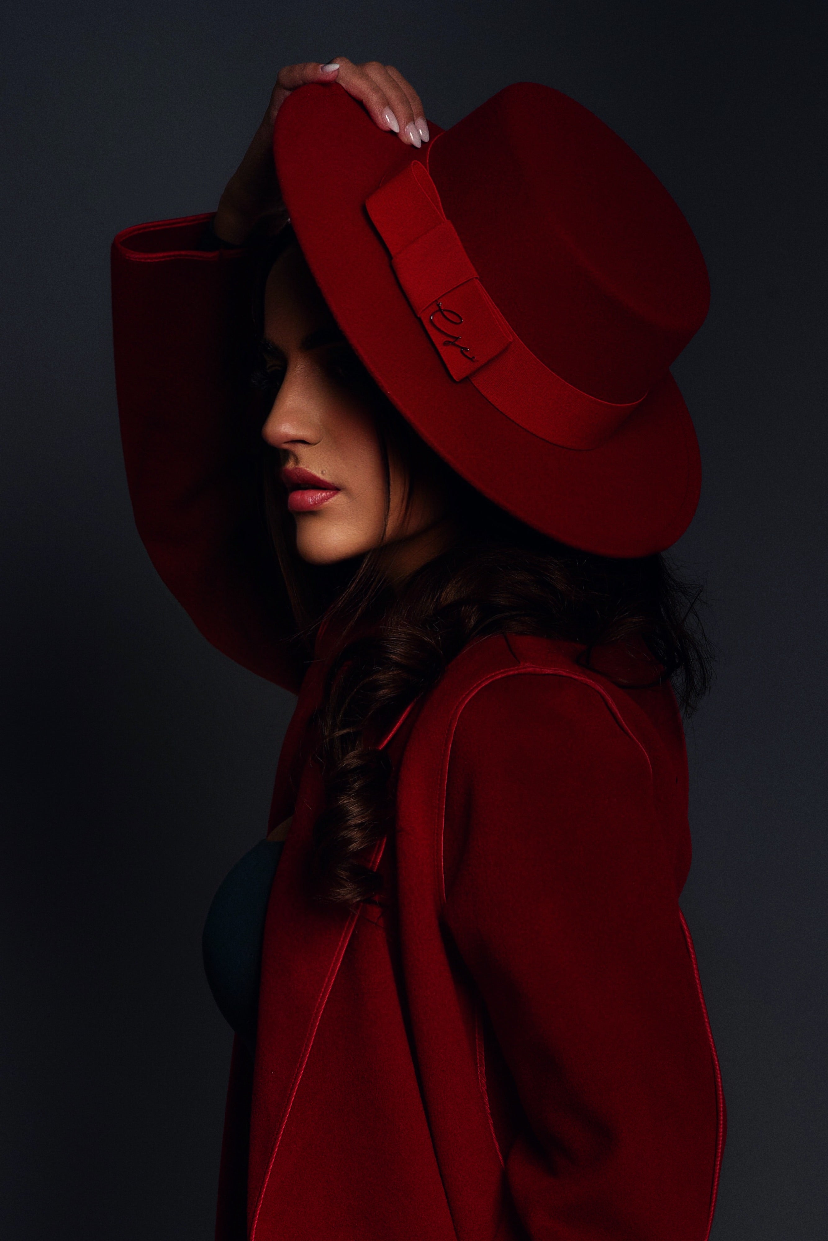 Handmade Red Wool Wide Brim Boater Hat