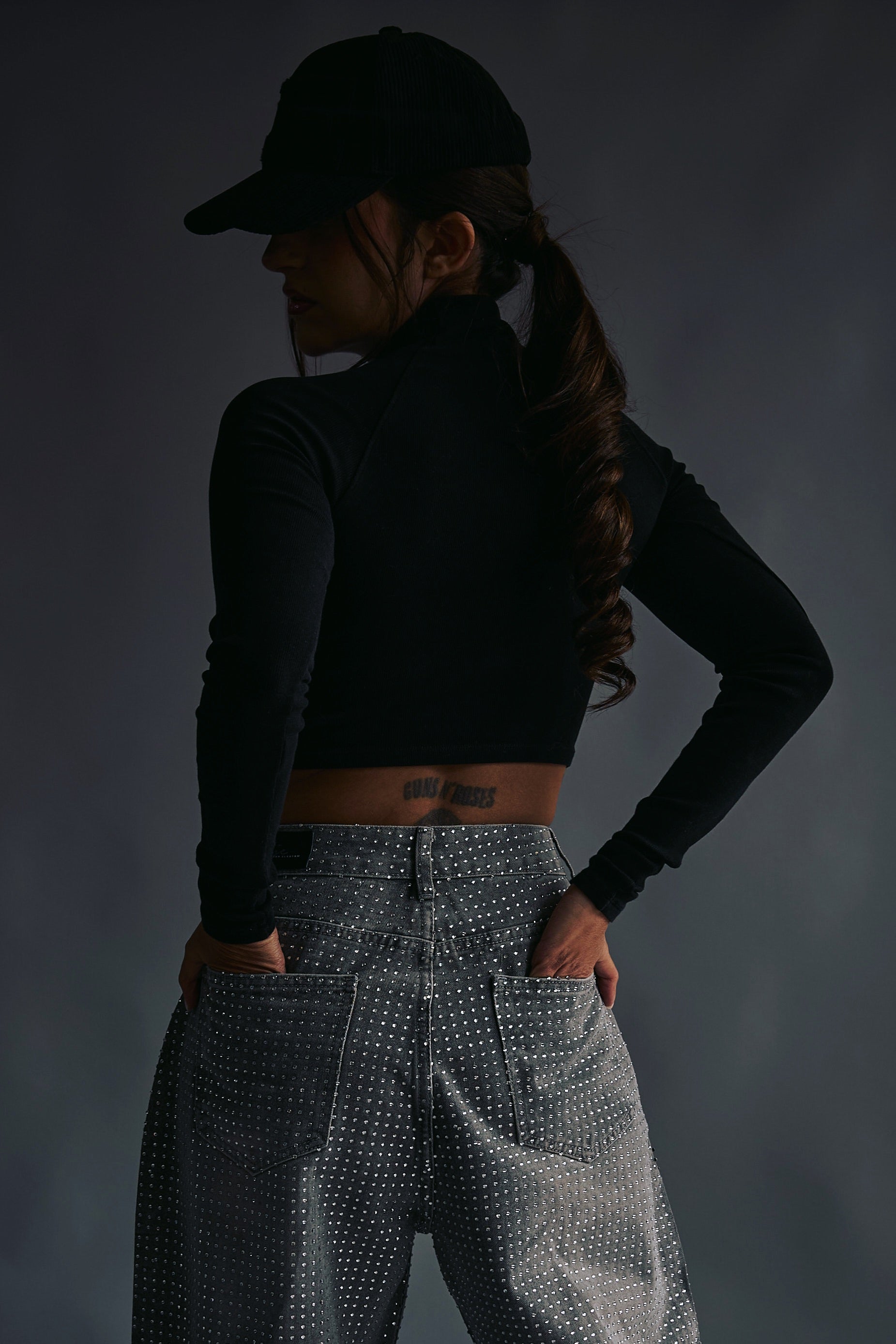 Grey Crystal Embellished Wide Leg Jeans