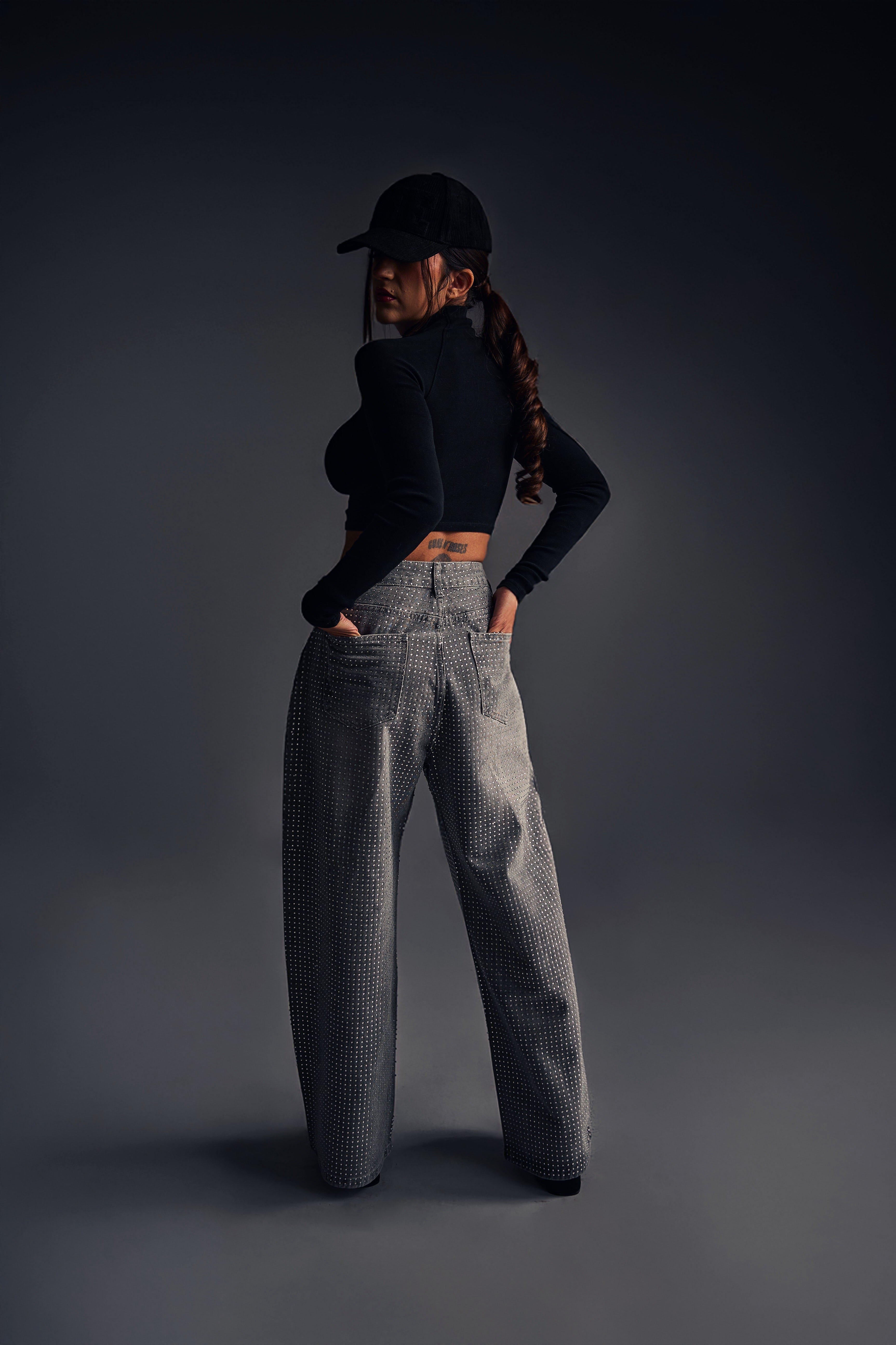 Grey Crystal Embellished Wide Leg Jeans