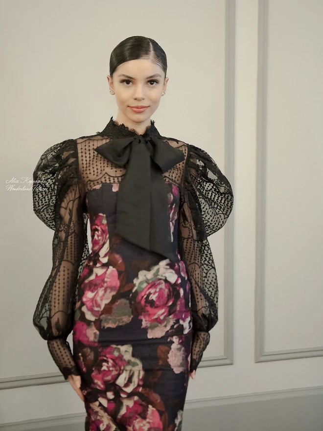 BLACK PATTERNED LACE BOW BLOUSE