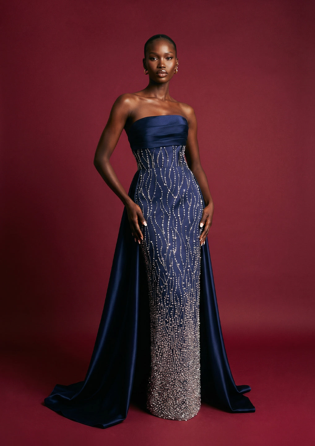 Navy Beaded Strapless Gown