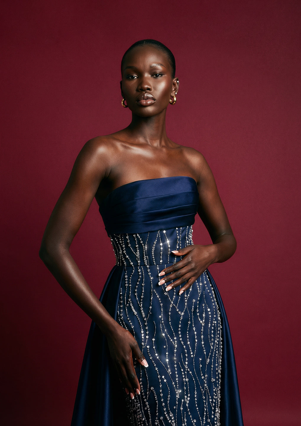 Navy Beaded Strapless Gown