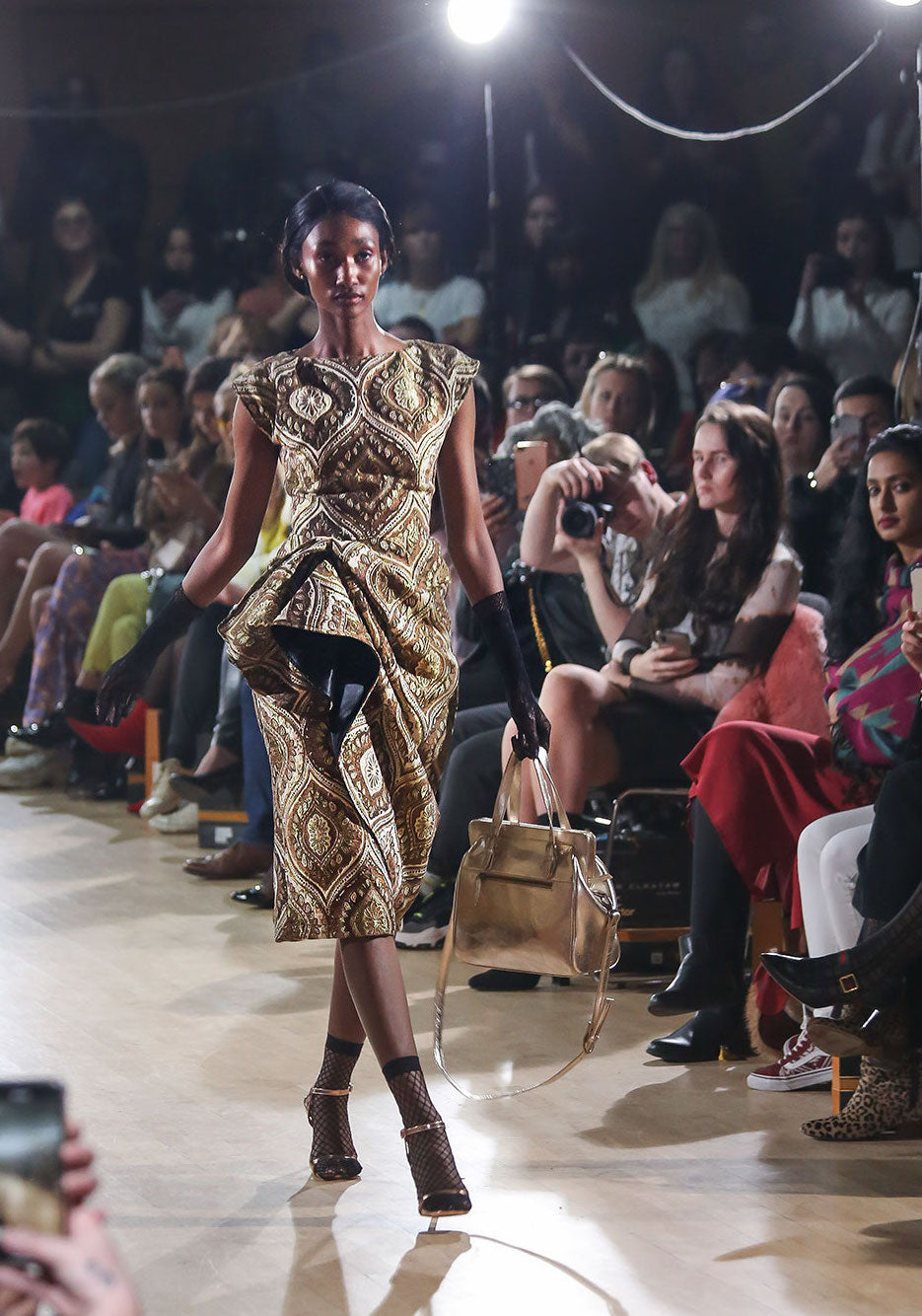 GOLD TAPESTRY RUCHED DRESS