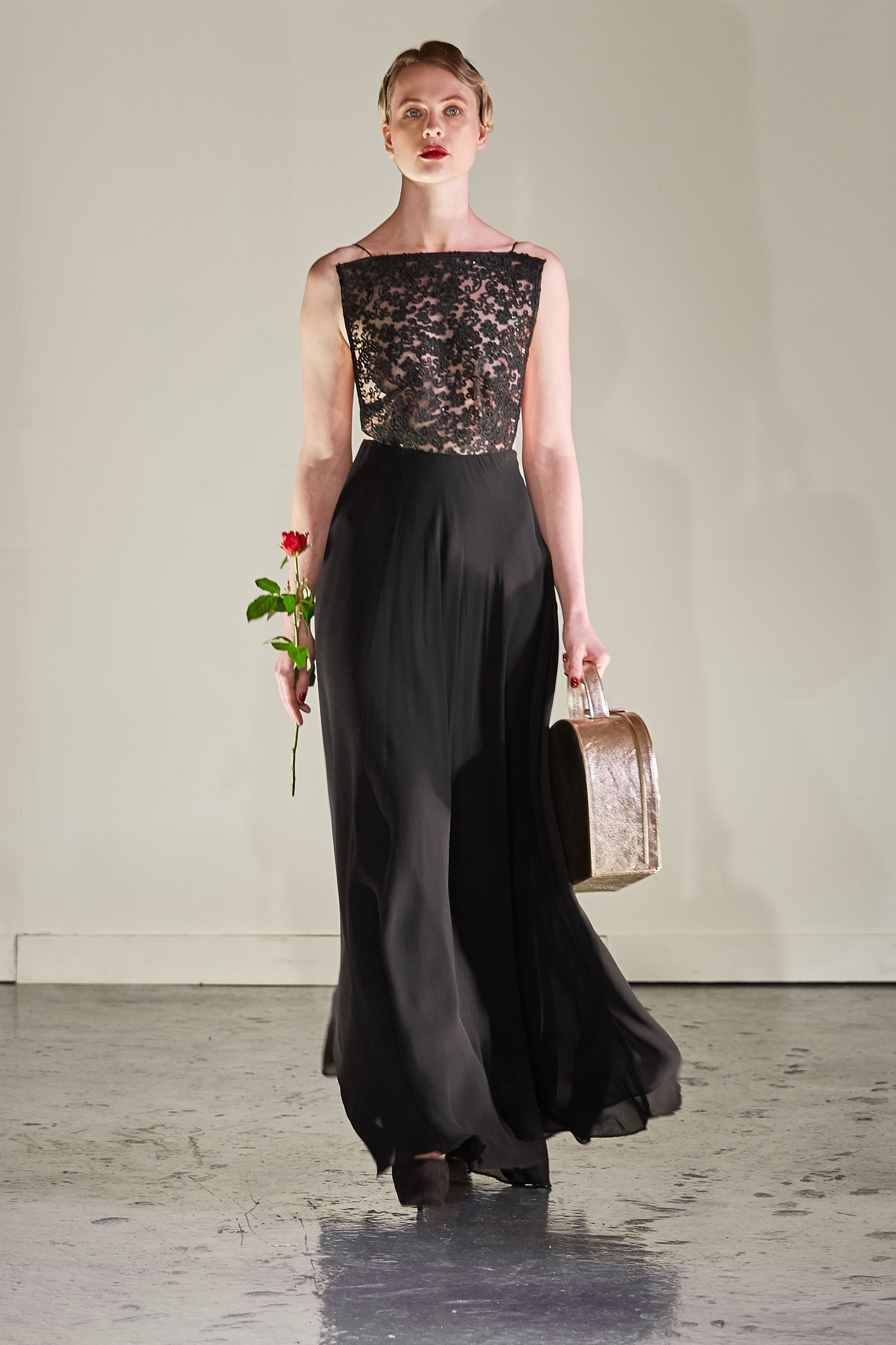 EMBROIDERED LACE CHIFFON DRESS