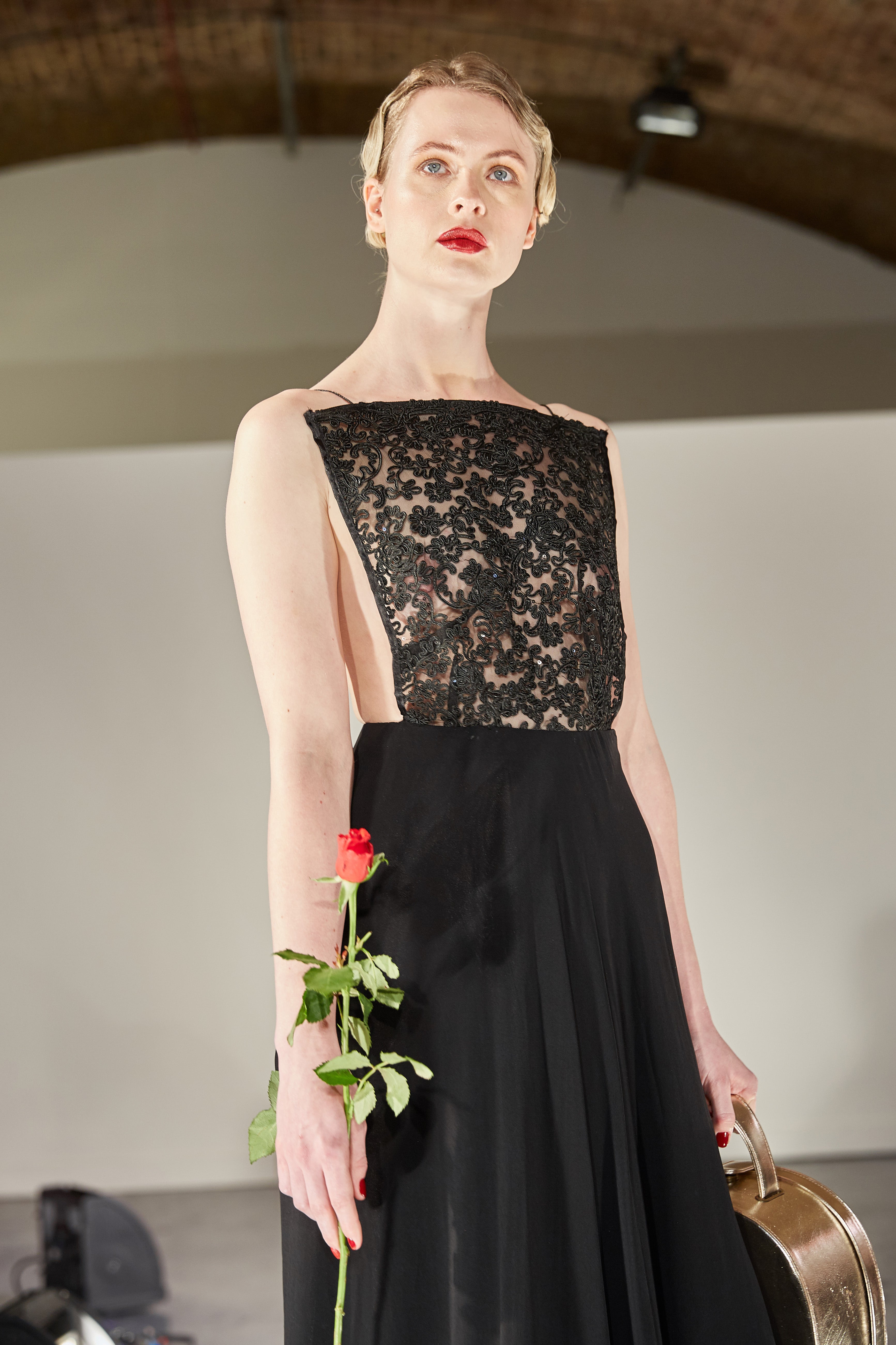 EMBROIDERED LACE CHIFFON DRESS