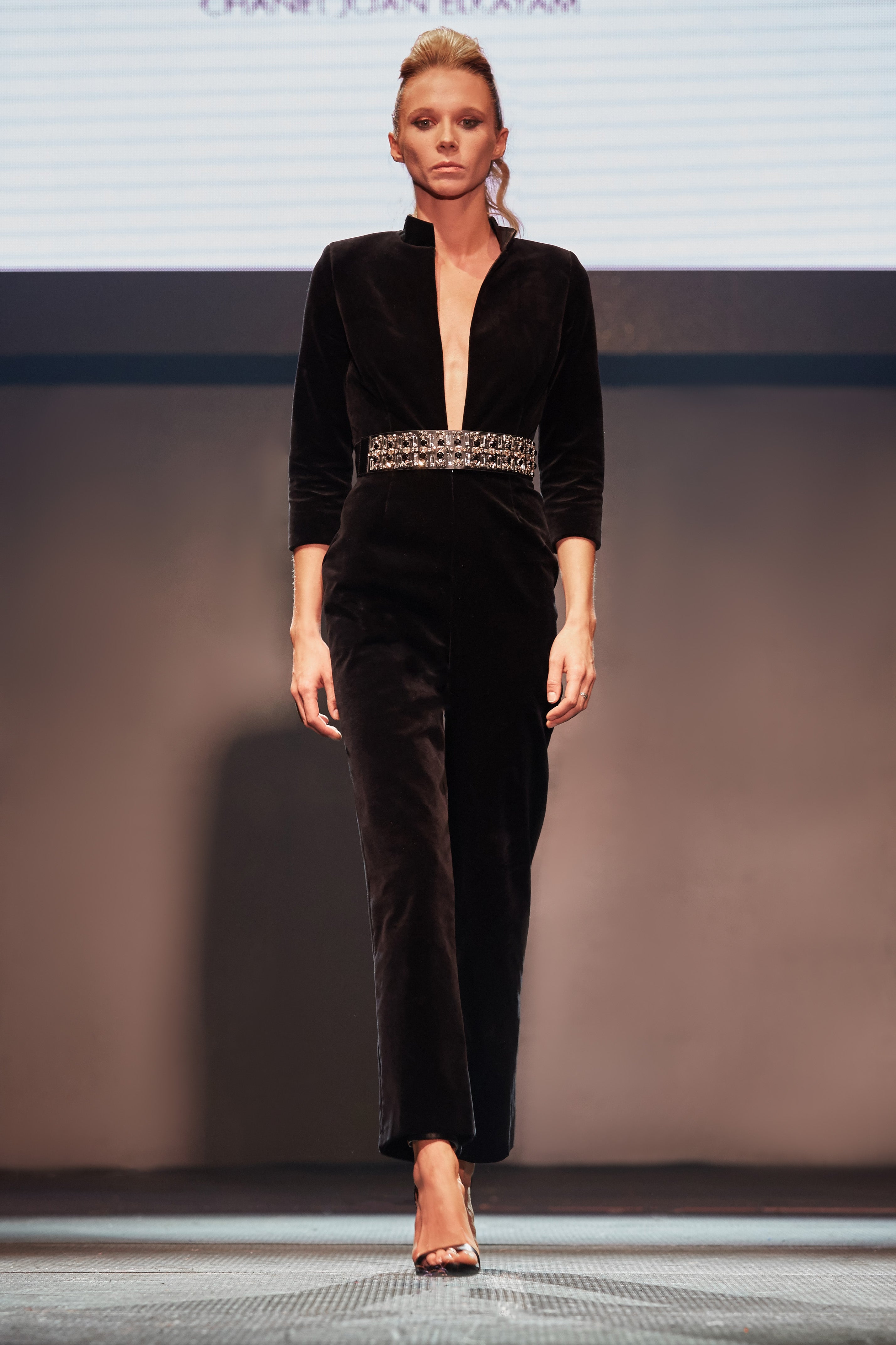 BLACK SILK VELVET 3/4 SLEEVE JUMPSUIT