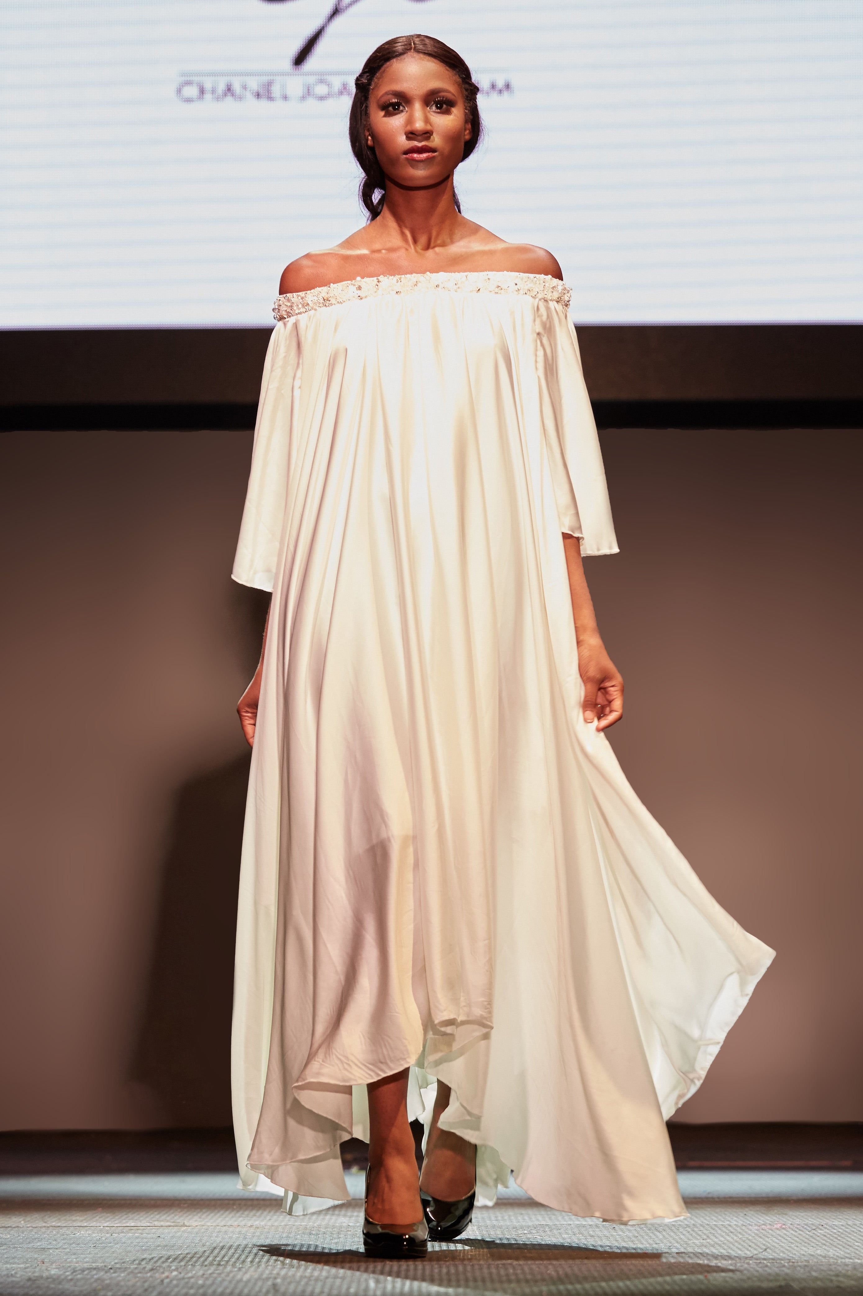 CRYSTAL HAND EMBELLISHED BARDOT DRESS