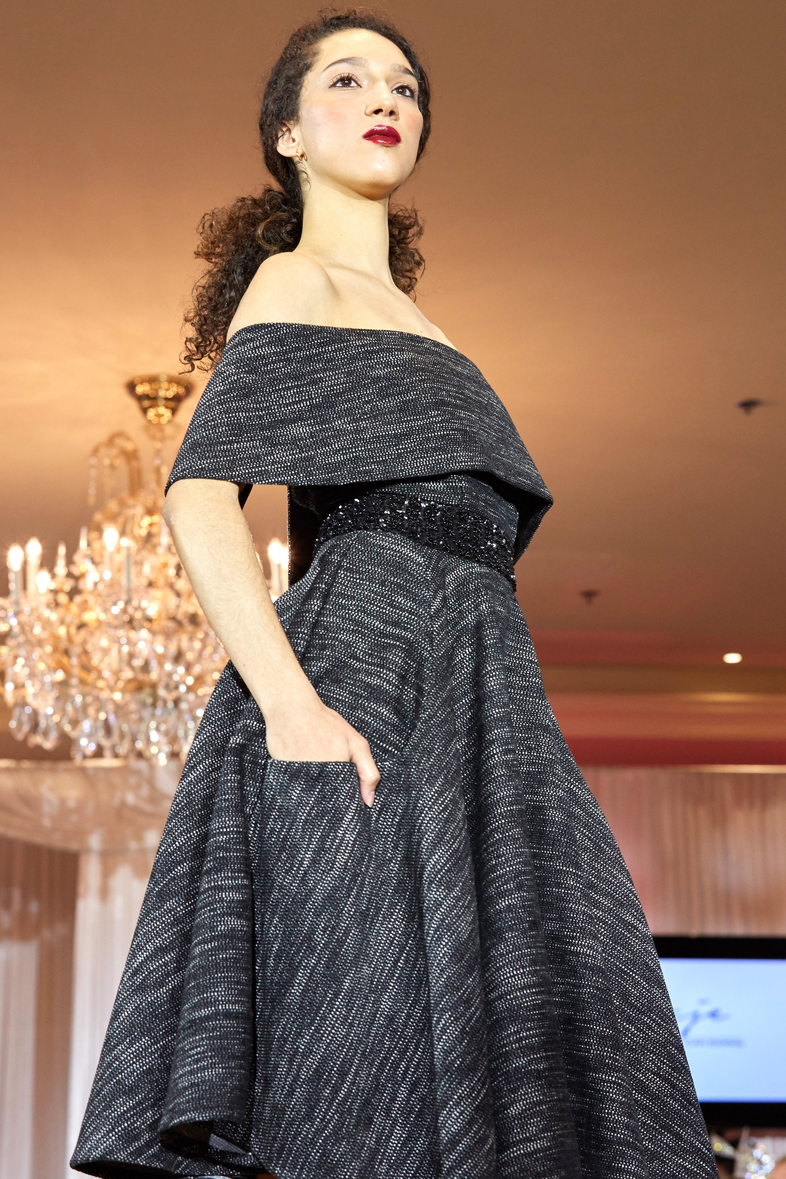 BARDOT NECKLINE HAND EMBELLISHED DRESS