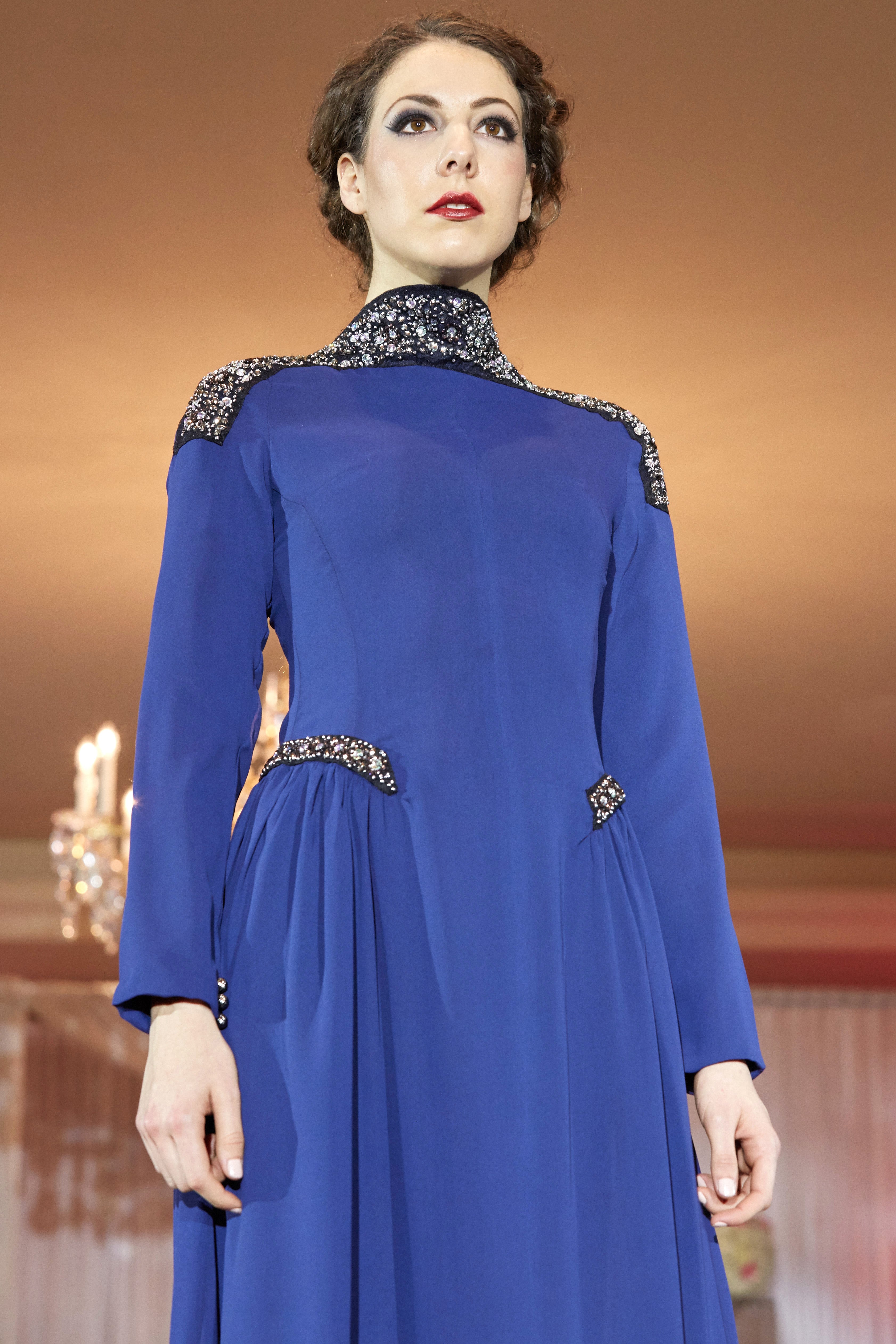 CRYSTAL SHOULDER/HIP HAND EMBELLISHED DRESS