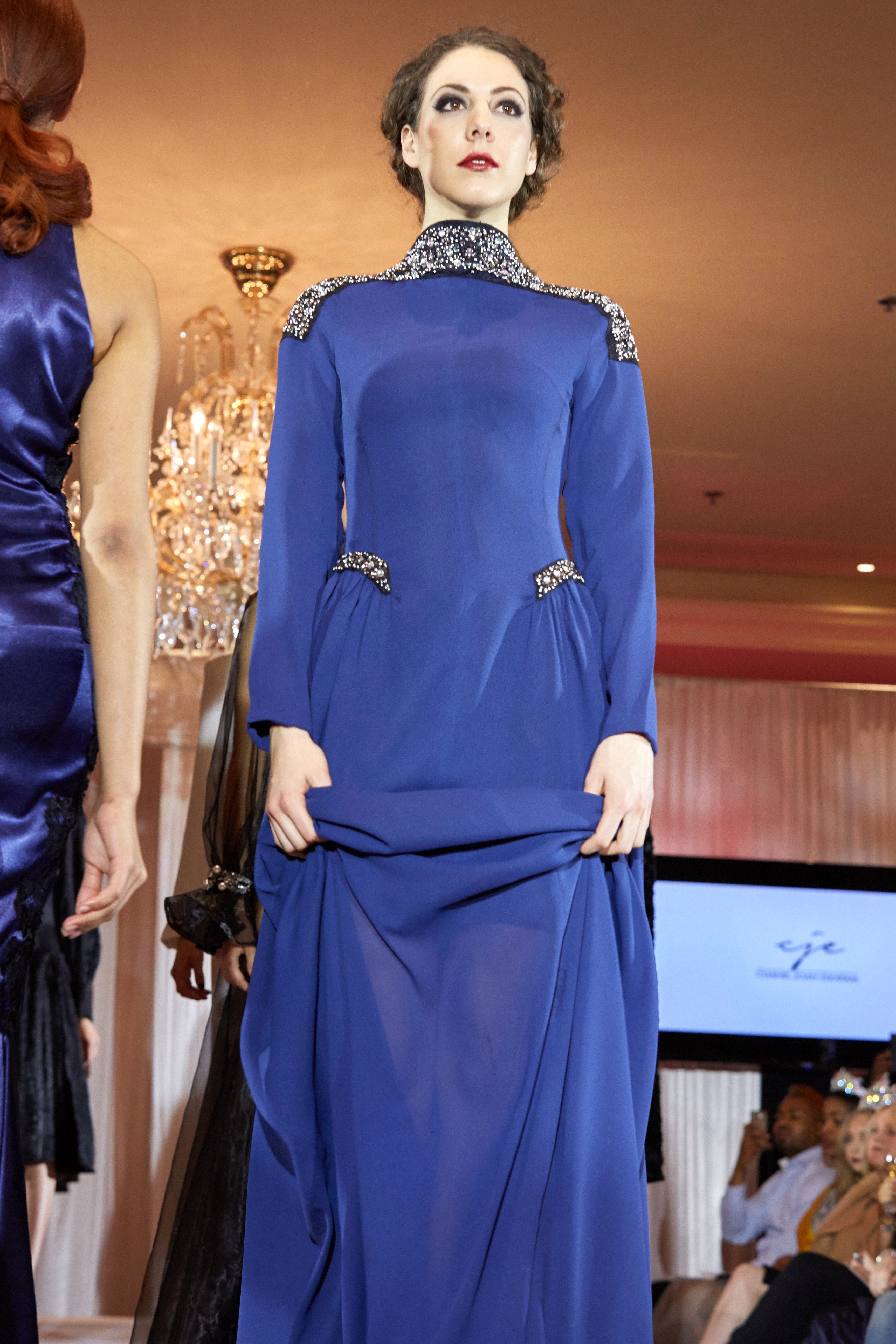 CRYSTAL SHOULDER/HIP HAND EMBELLISHED DRESS