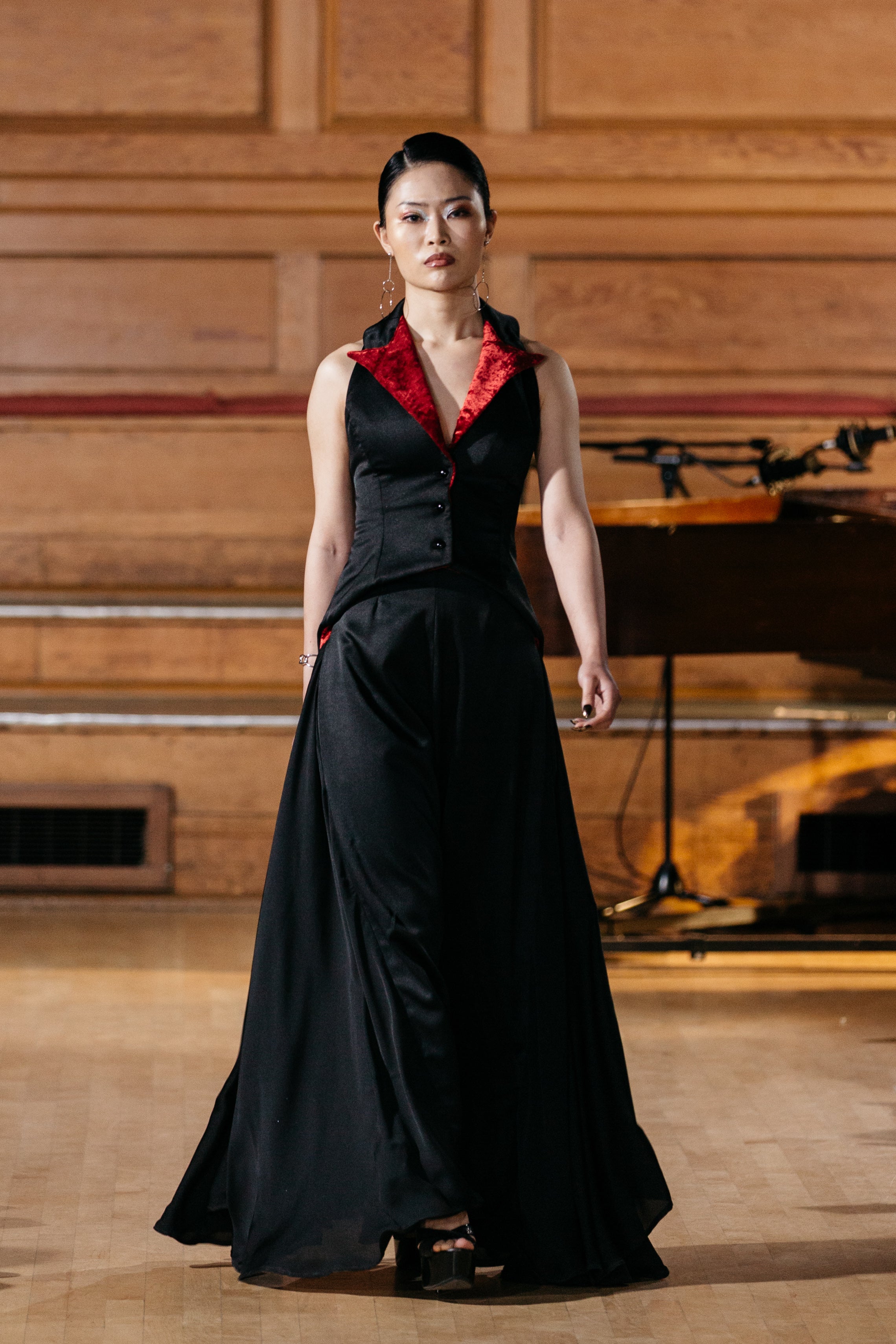 RED & BLACK ASYMMETRICAL GODET TROUSER