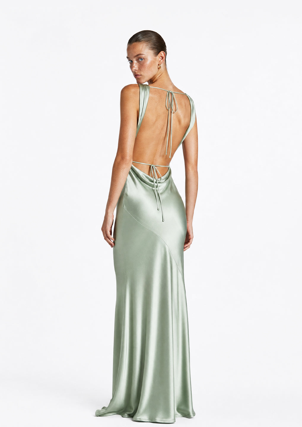 Sage Green Open Back Satin Gown