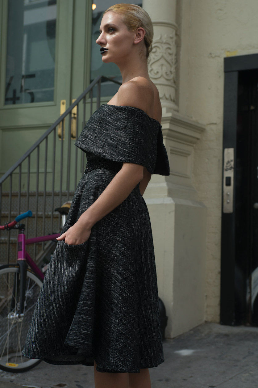 BARDOT NECKLINE HAND EMBELLISHED DRESS