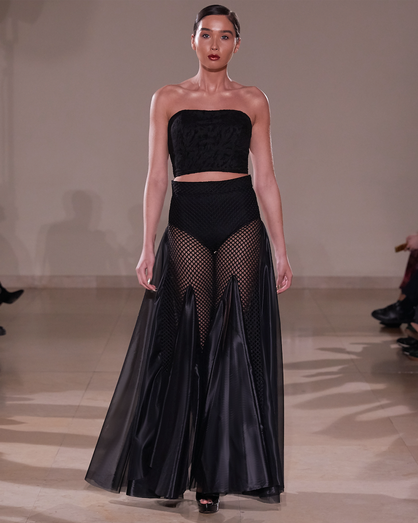 TRANSPARENT ASYMMETRICAL GODET TROUSER