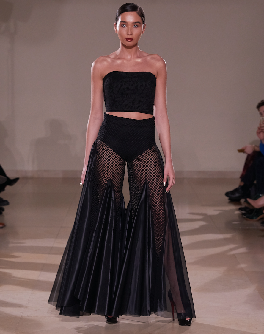 TRANSPARENT ASYMMETRICAL GODET TROUSER