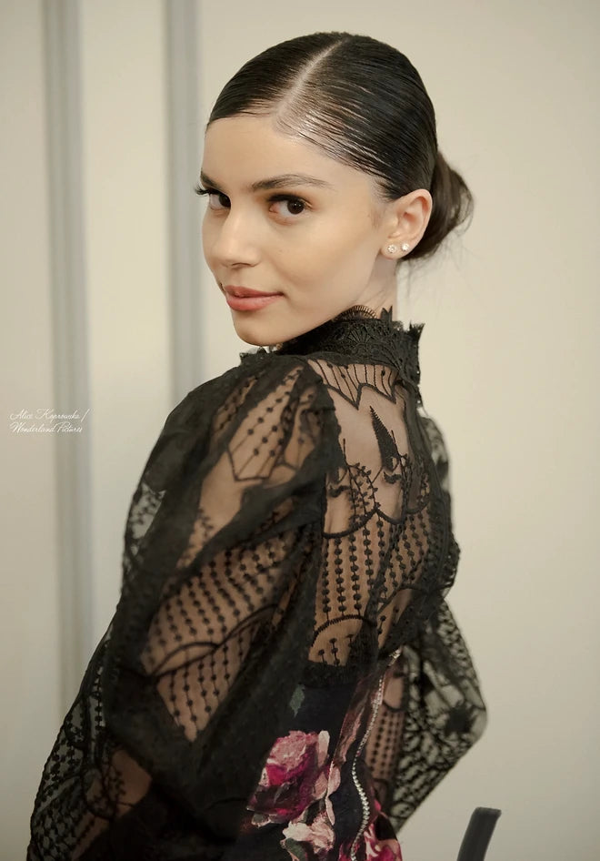 BLACK PATTERNED LACE BOW BLOUSE