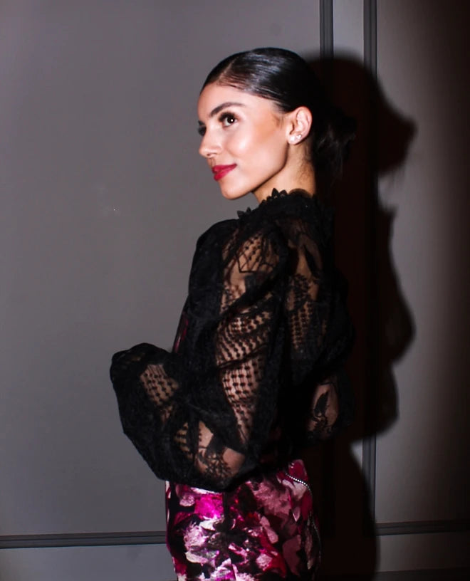 BLACK PATTERNED LACE BOW BLOUSE