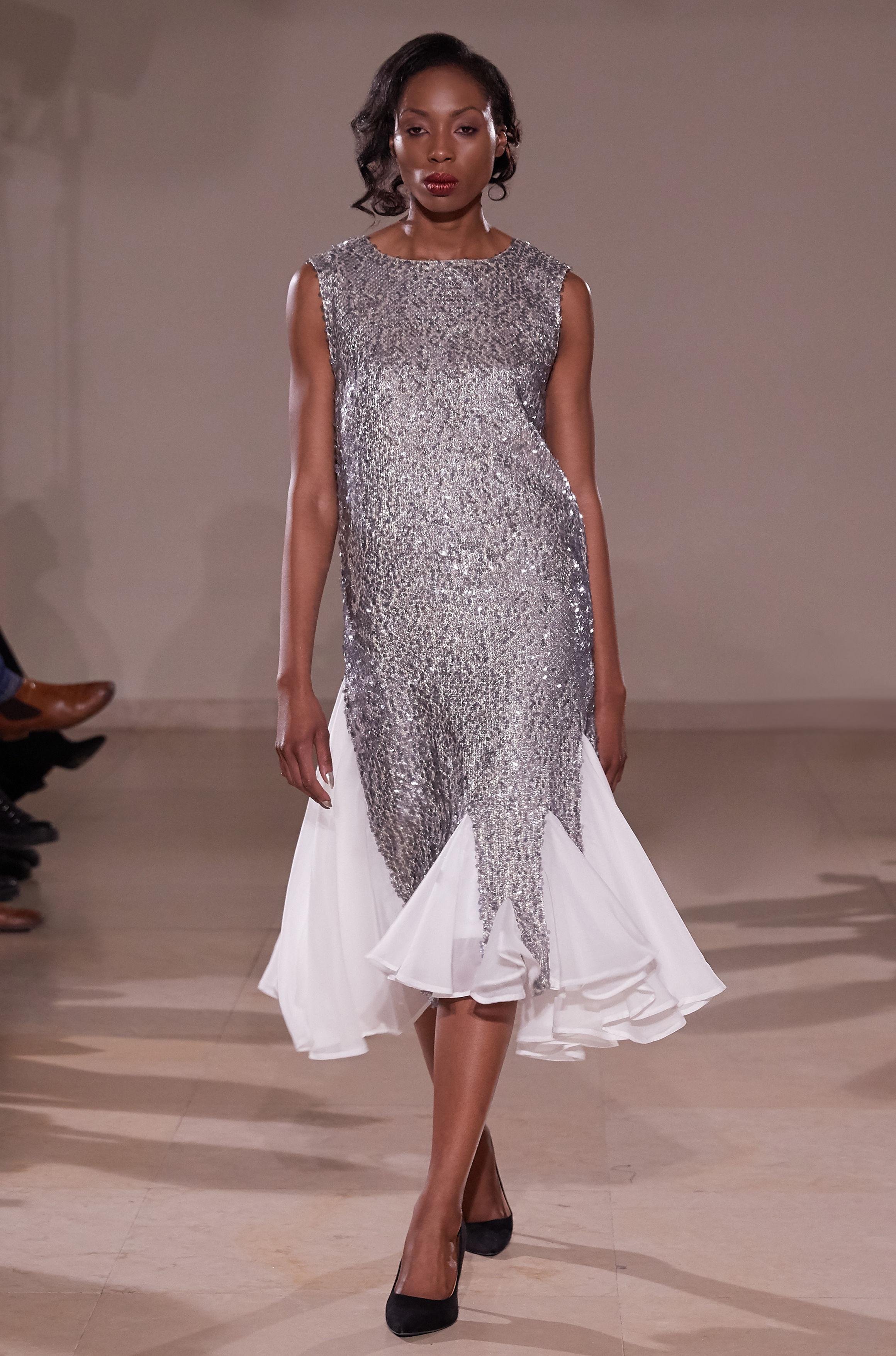 EMBELLISHED SEQUIN ASYMMETRICAL GODET DRESS