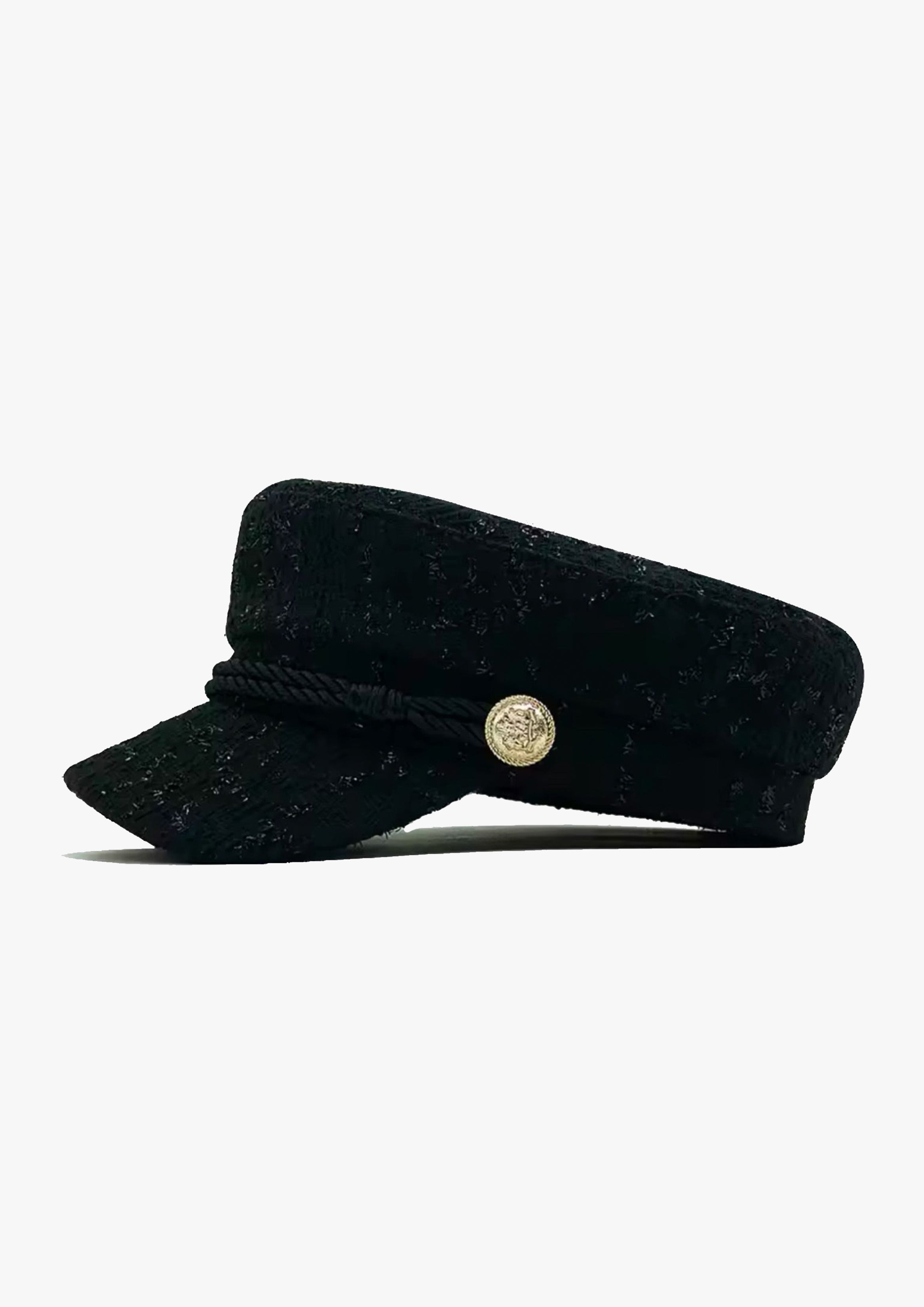 Braided Trim Tweed Black Baker Boy Hat