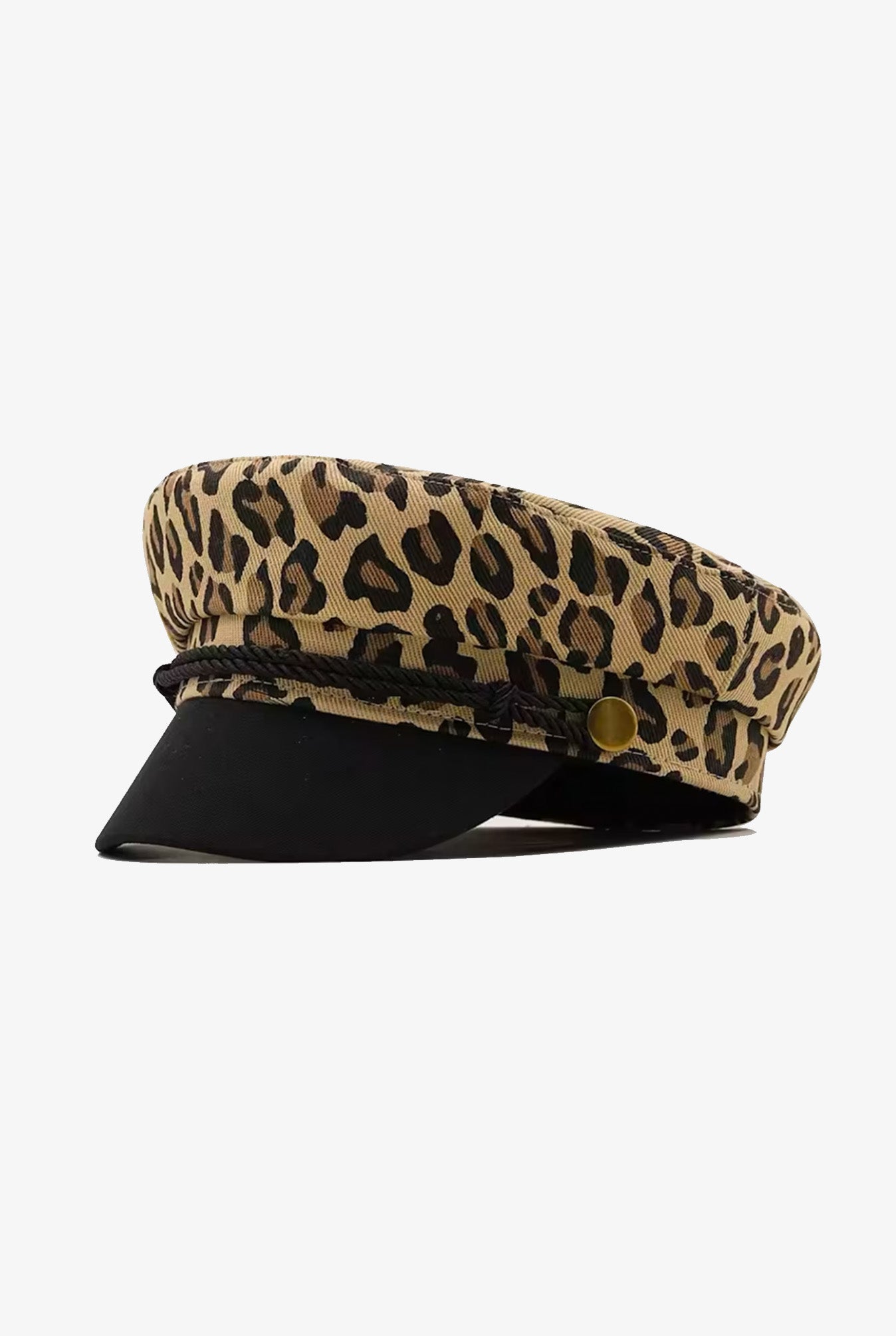 Leopard Print Braided Trim Denim Baker Boy Hat