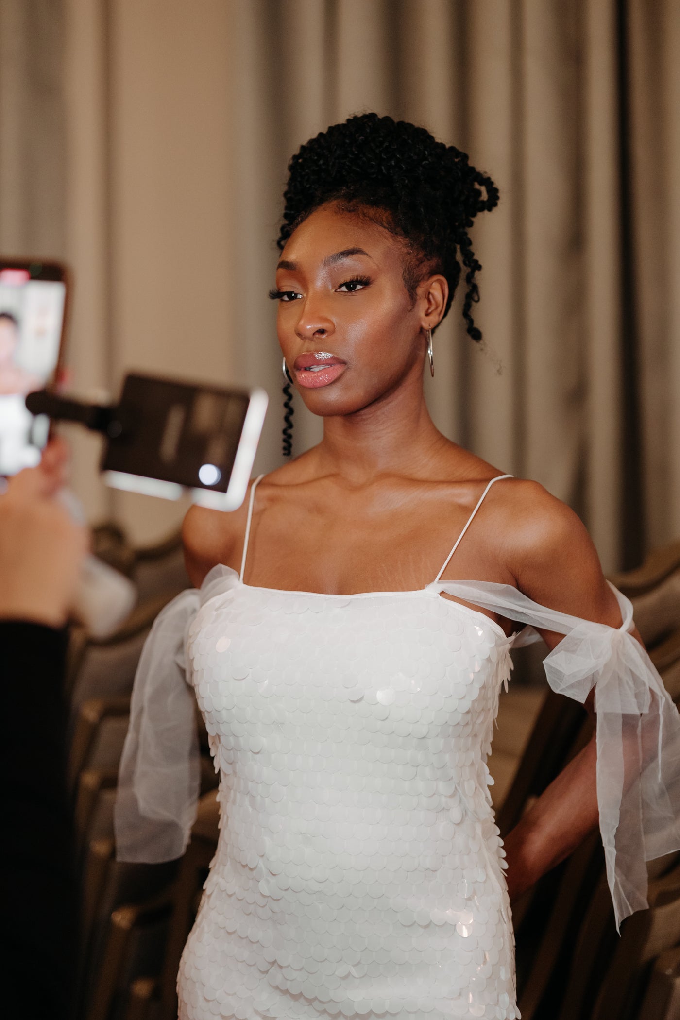 white embellished dress midi White Embellished Tulle Midi Dress