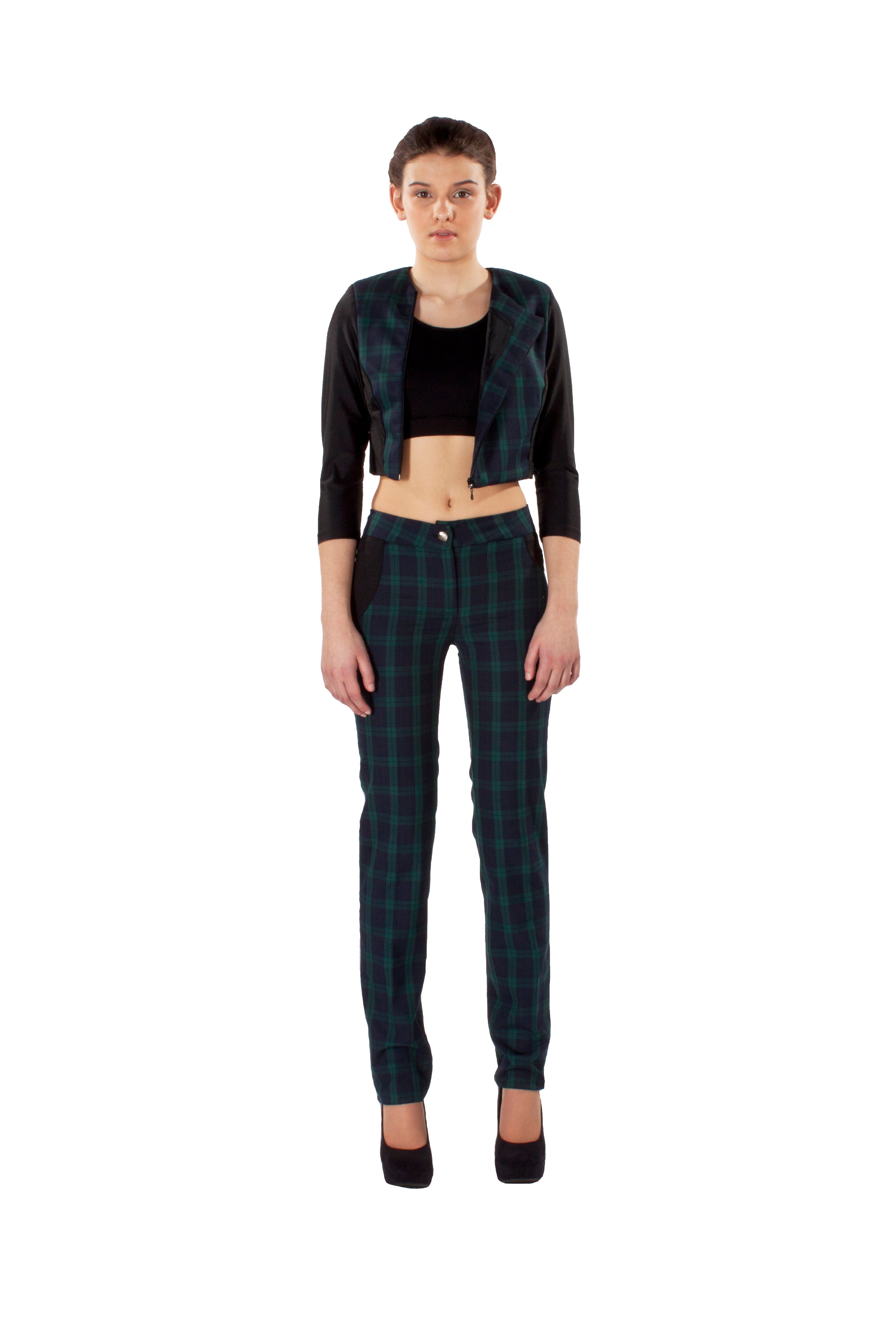 STRAIGHT LEG TARTAN TROUSER & 3/4 CROP SLEEVE JACKET