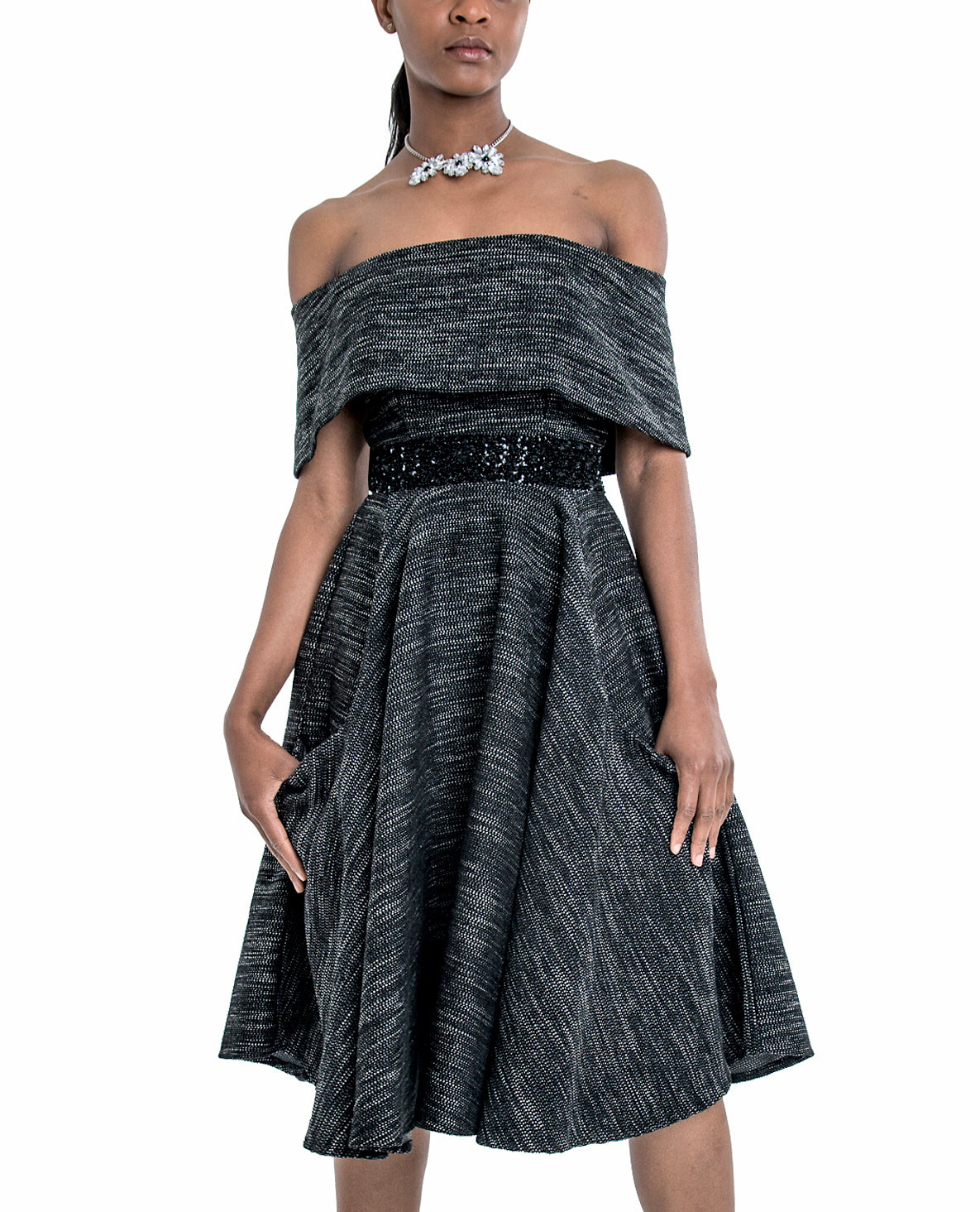 BARDOT NECKLINE HAND EMBELLISHED DRESS